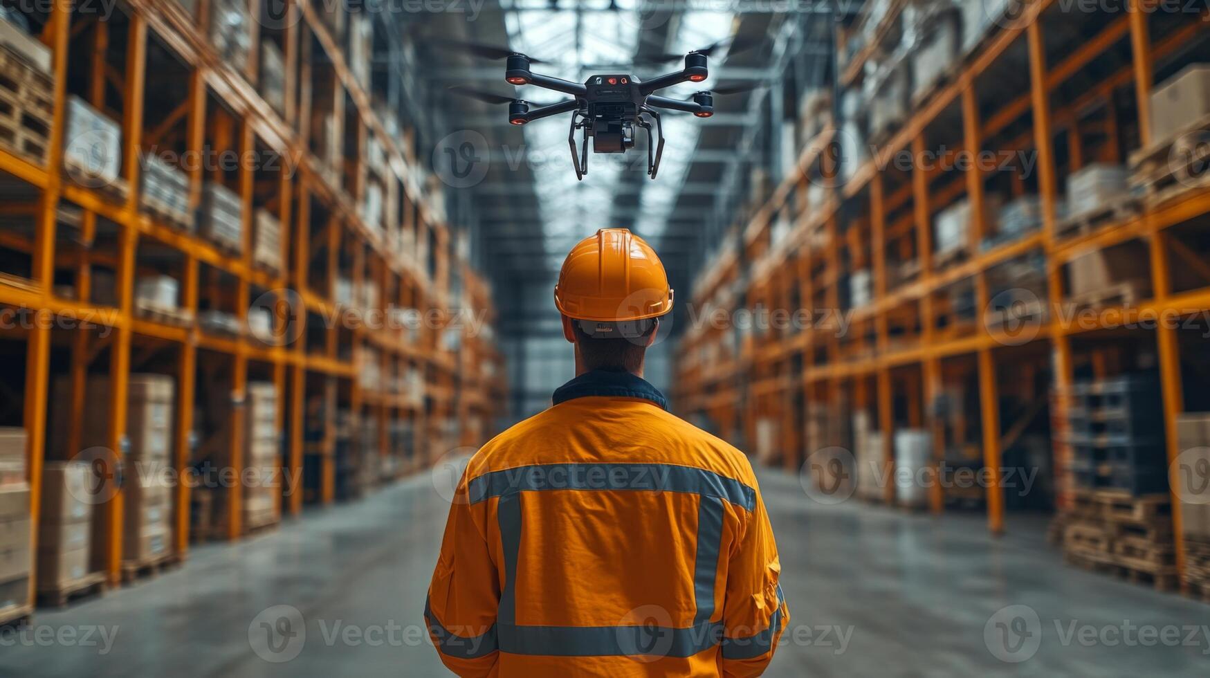 A worker wearing safety gear monitors a drone as it navigates through a spacious distribution warehouse, assisting in inventory management and logistics processes. photo