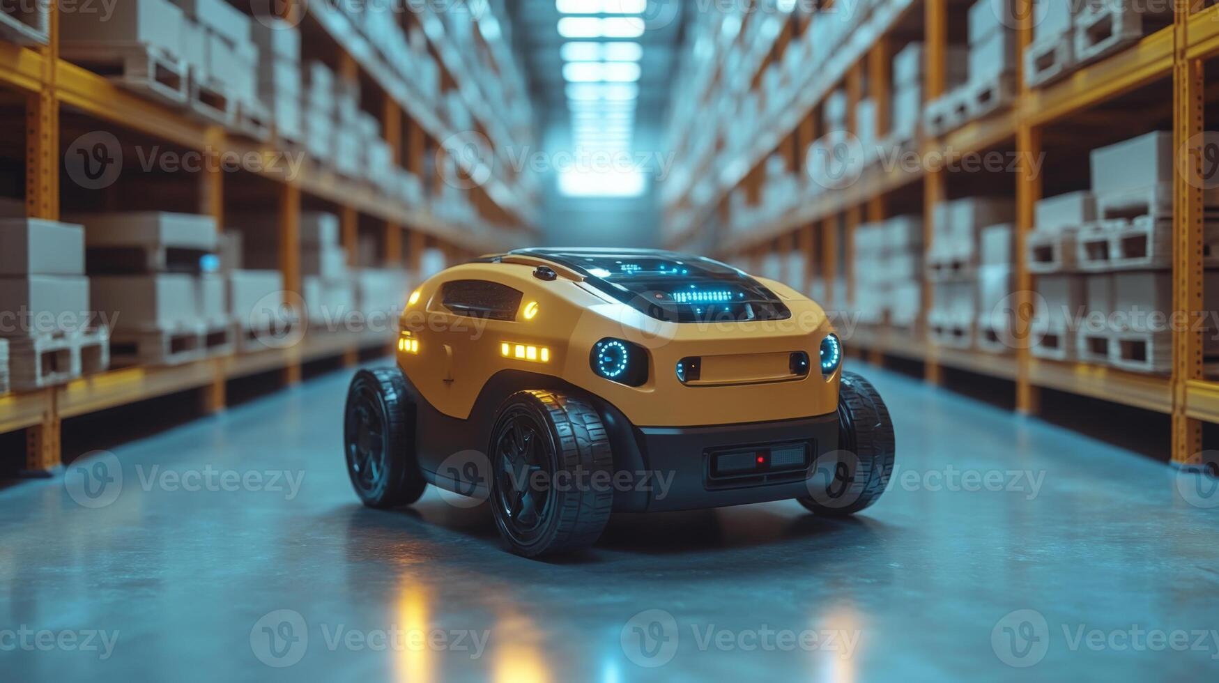 In a busy warehouse, an automated robot navigates through storage aisles, enhancing sorting and inventory efficiency for seamless logistics operations. photo