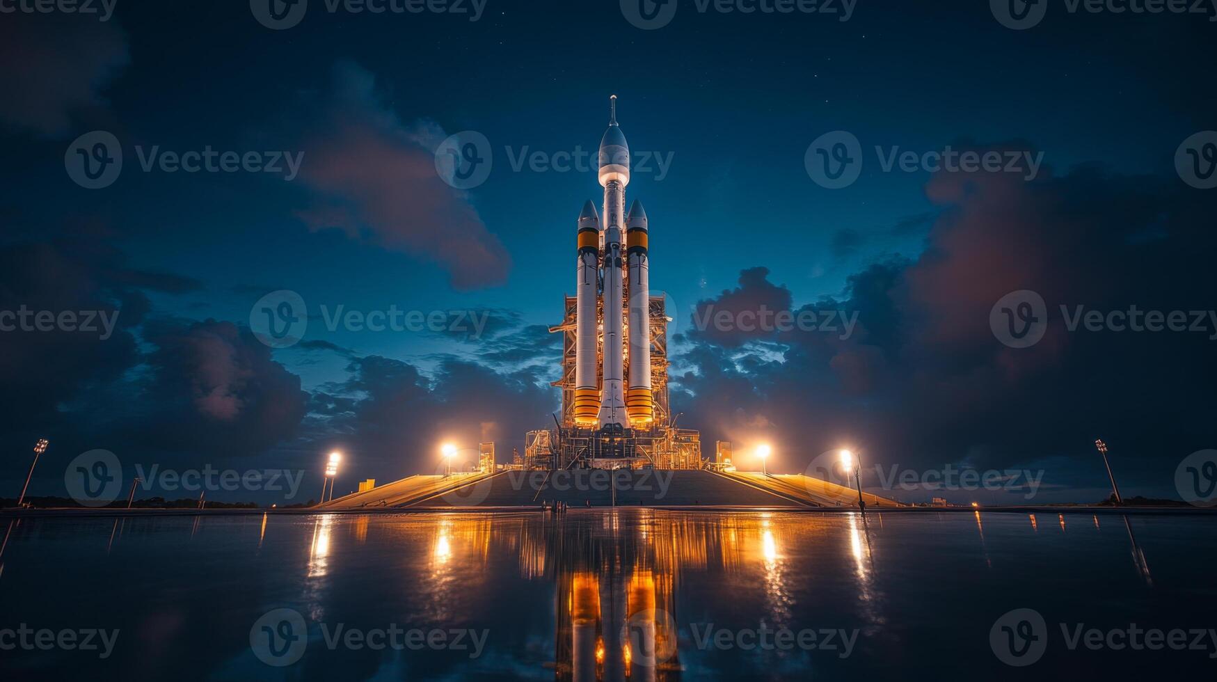 A powerful rocket is positioned on a launch pad, illuminated by bright lights against a deep blue night sky. Reflections shimmer on the wet ground, hinting at an imminent launch. photo