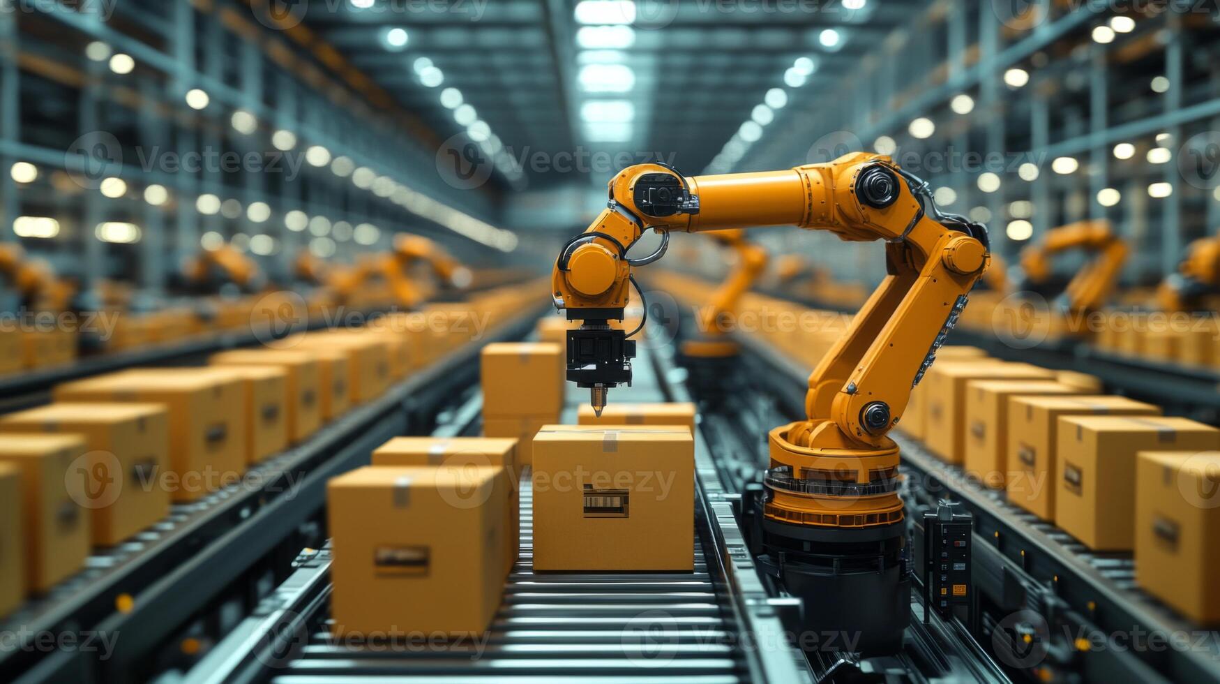 Robotic arms efficiently sort and package boxes on conveyor belts in a spacious warehouse dedicated to logistics and distribution activities, enhancing fulfillment speed. photo
