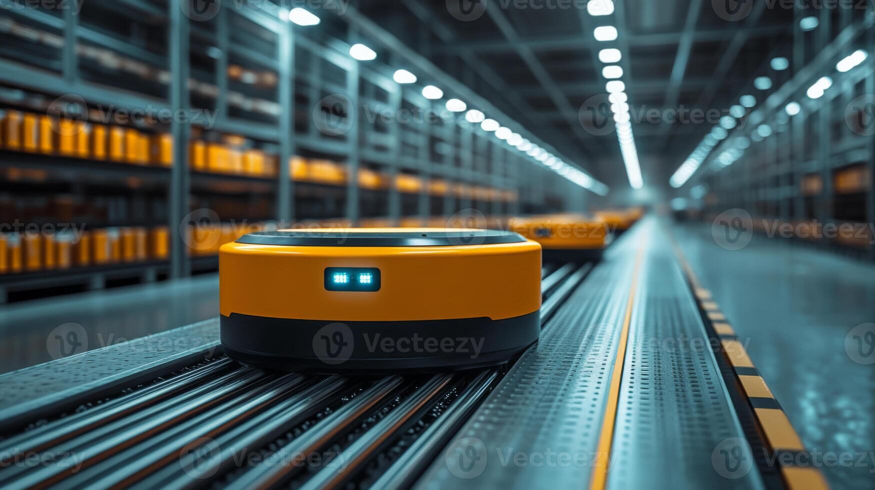 Automated robots efficiently move goods along conveyor belts in a well organized warehouse, facilitating the logistics and distribution of inventory and freight. photo