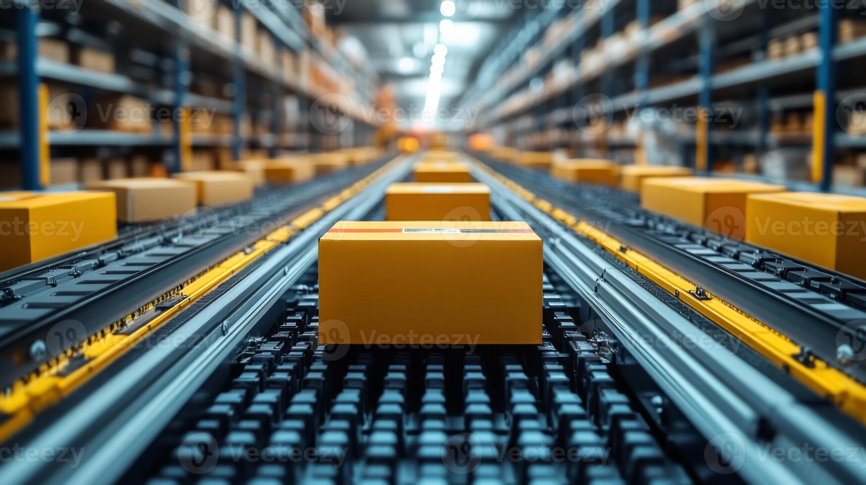 Rows of yellow cardboard boxes are positioned on conveyor belts in a busy warehouse. The system ensures efficient distribution and management of freight and inventory. photo