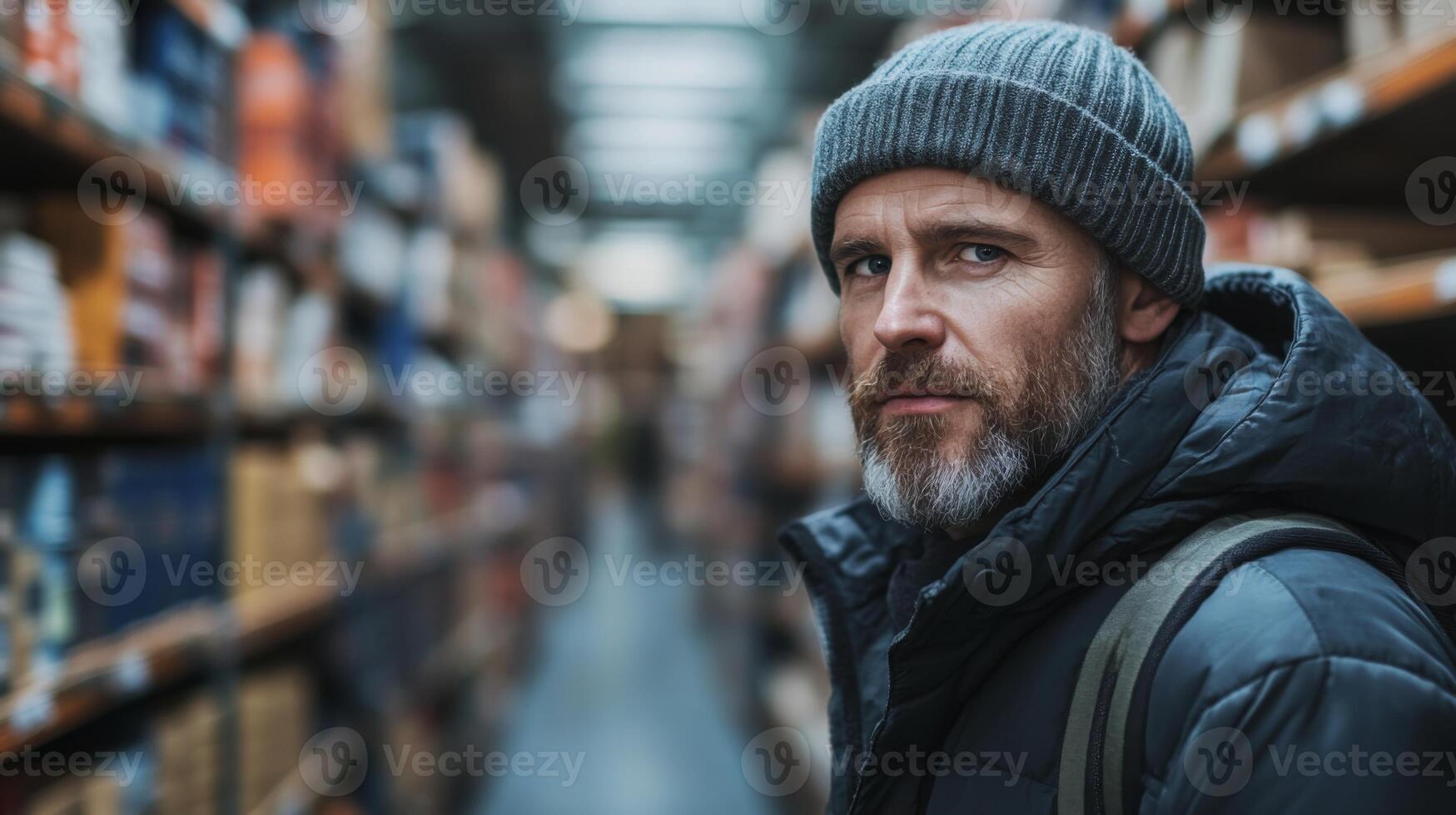 A man with a beard and warm hat looks thoughtfully while standing among stacked boxes in a warehouse. The environment is structured for efficient sorting and distribution activities. photo