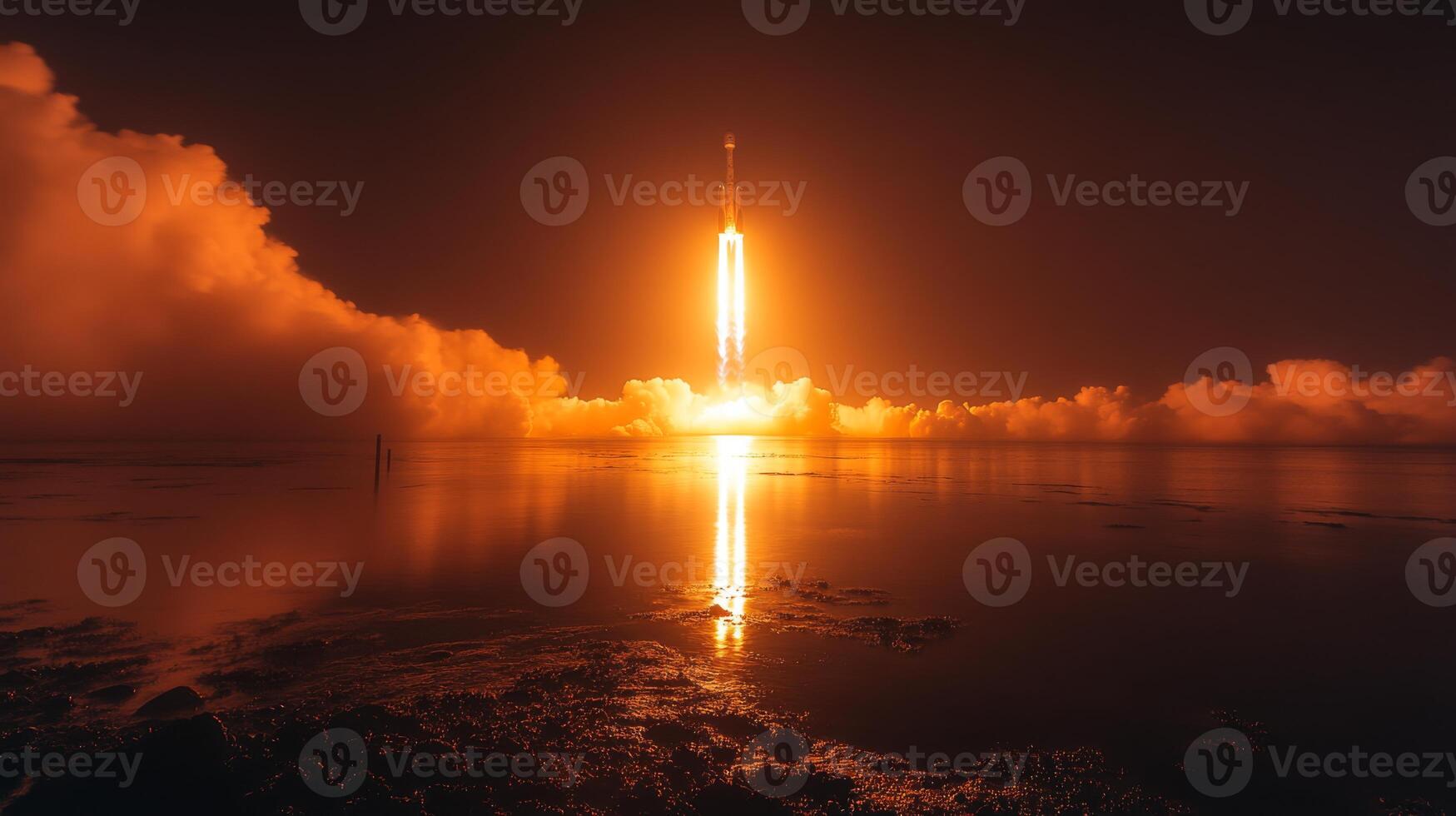 A rocket ascends powerfully into the atmosphere, casting an intense glow over the clouds and reflecting on the water's surface, showcasing the technological marvel of space exploration. photo