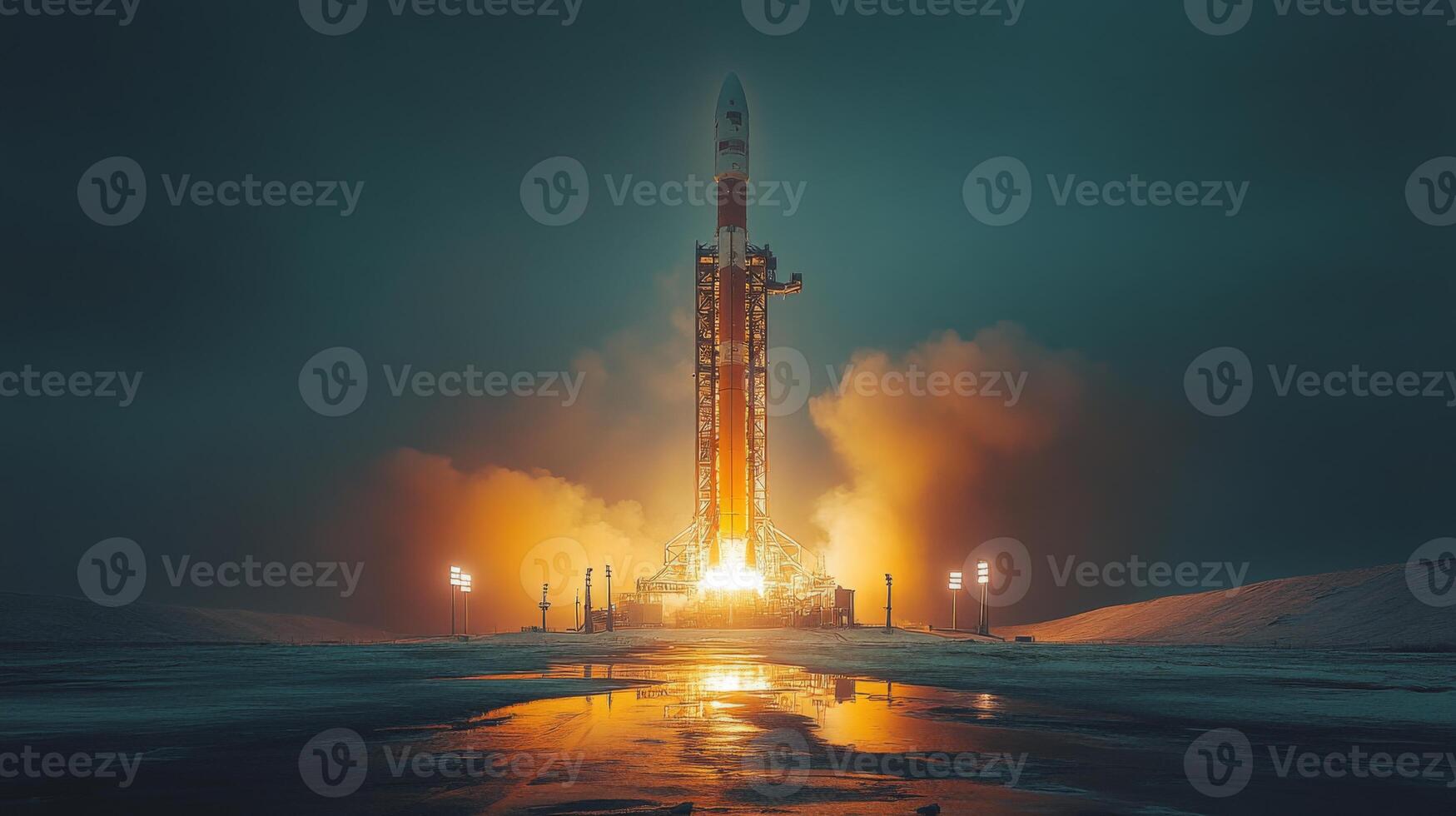 A rocket lifts off from its launch pad, igniting bright flames and smoke as it ascends into the night sky, marking the beginning of its spaceflight journey. photo