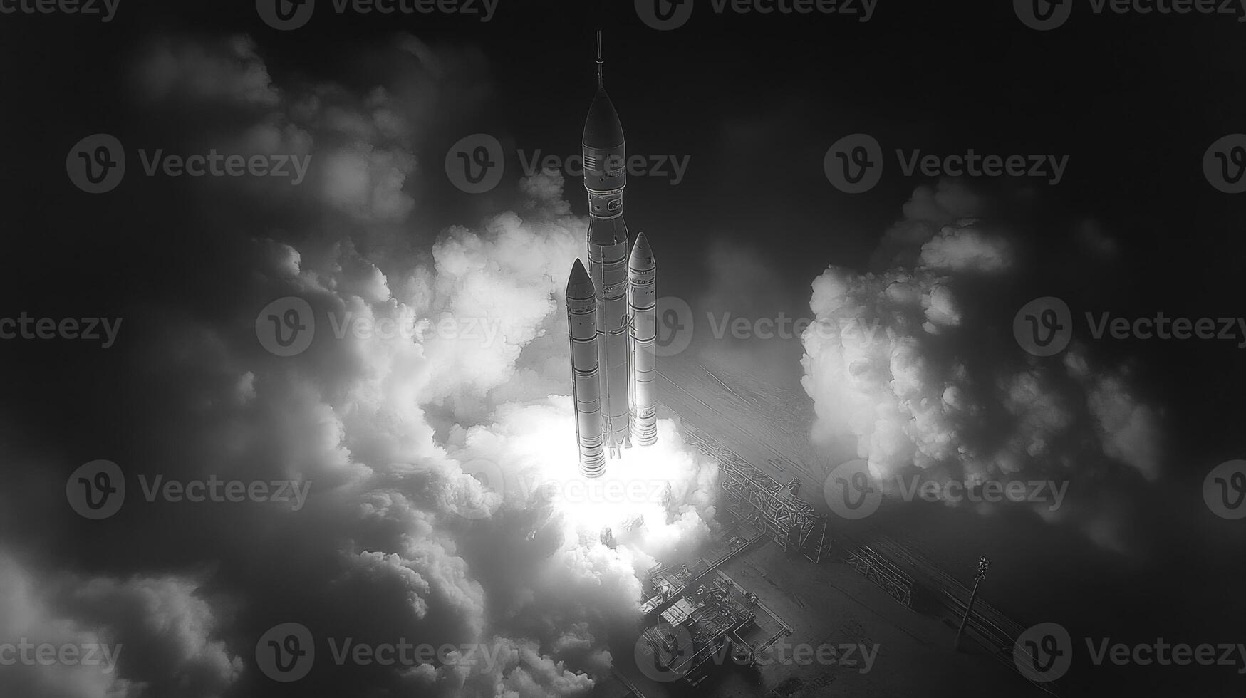 A rocket is lifting off from the launch pad with intense thrust, surrounded by thick clouds of smoke. The scene captures the moment of departure towards space. photo