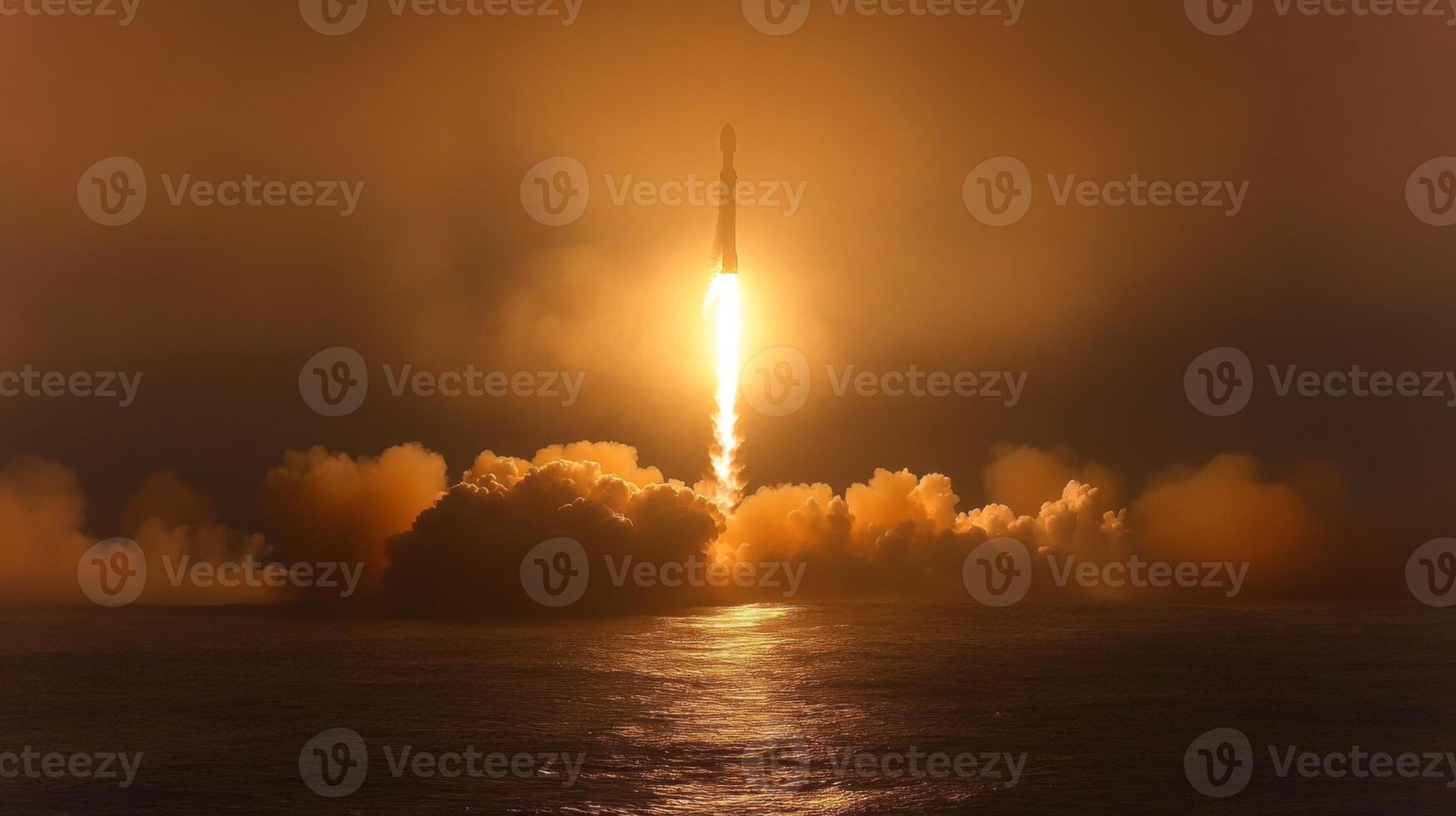 A rocket ascends into the atmosphere, creating a stunning blaze against the dark sky. The launch generates massive clouds of smoke and water vapor, highlighting advanced aerospace technology. photo