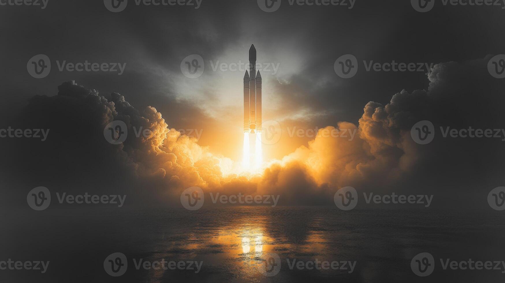 The powerful rocket ascends into the night sky, illuminating the clouds and leaving a plume of fire and smoke in its wake as it embarks on a space mission with payload. photo