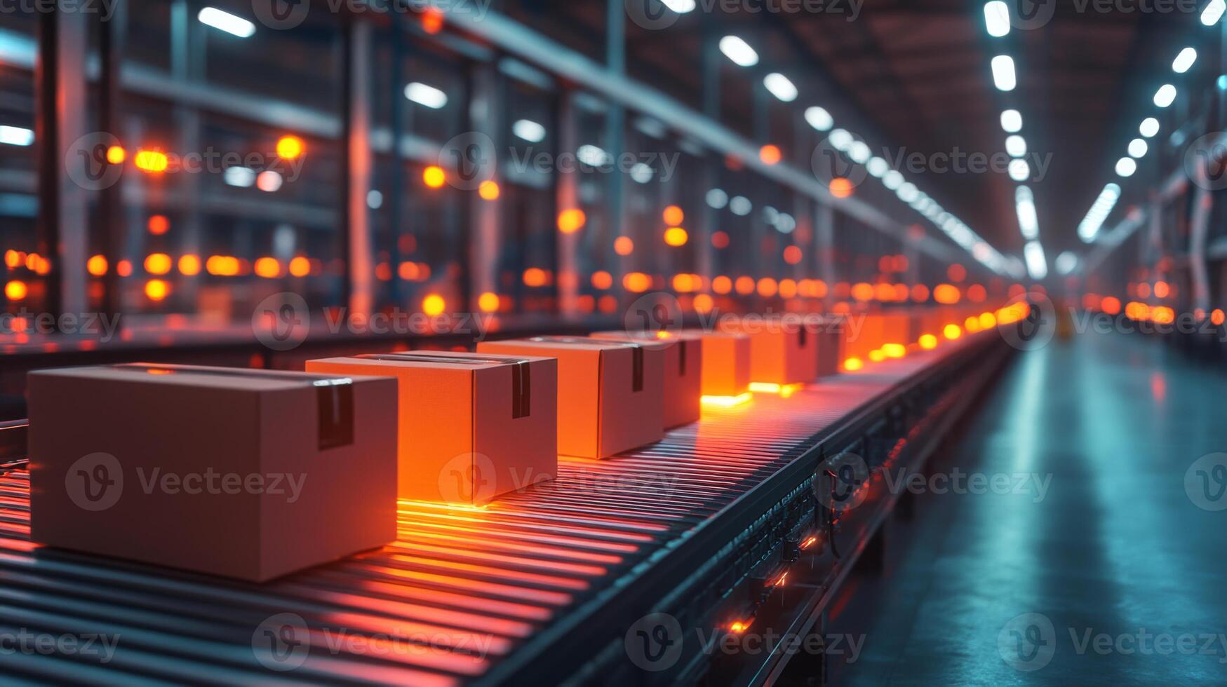 Packages move along a conveyor belt in a bustling warehouse hub, highlighting advanced sorting and fulfillment processes in a busy logistics environment. photo