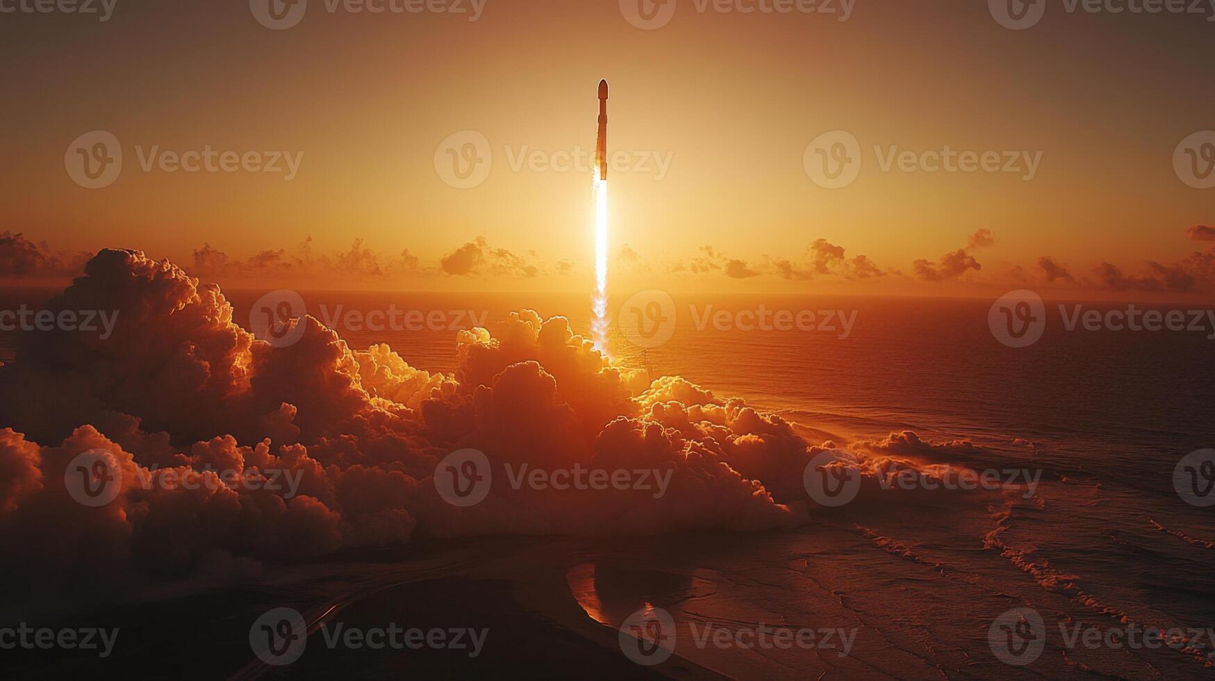 Rocket launches into the sky at sunset, with fiery propulsion creating a dynamic contrast against the clouds and ocean, emphasizing advancements in aerospace recovery and reentry techniques. photo
