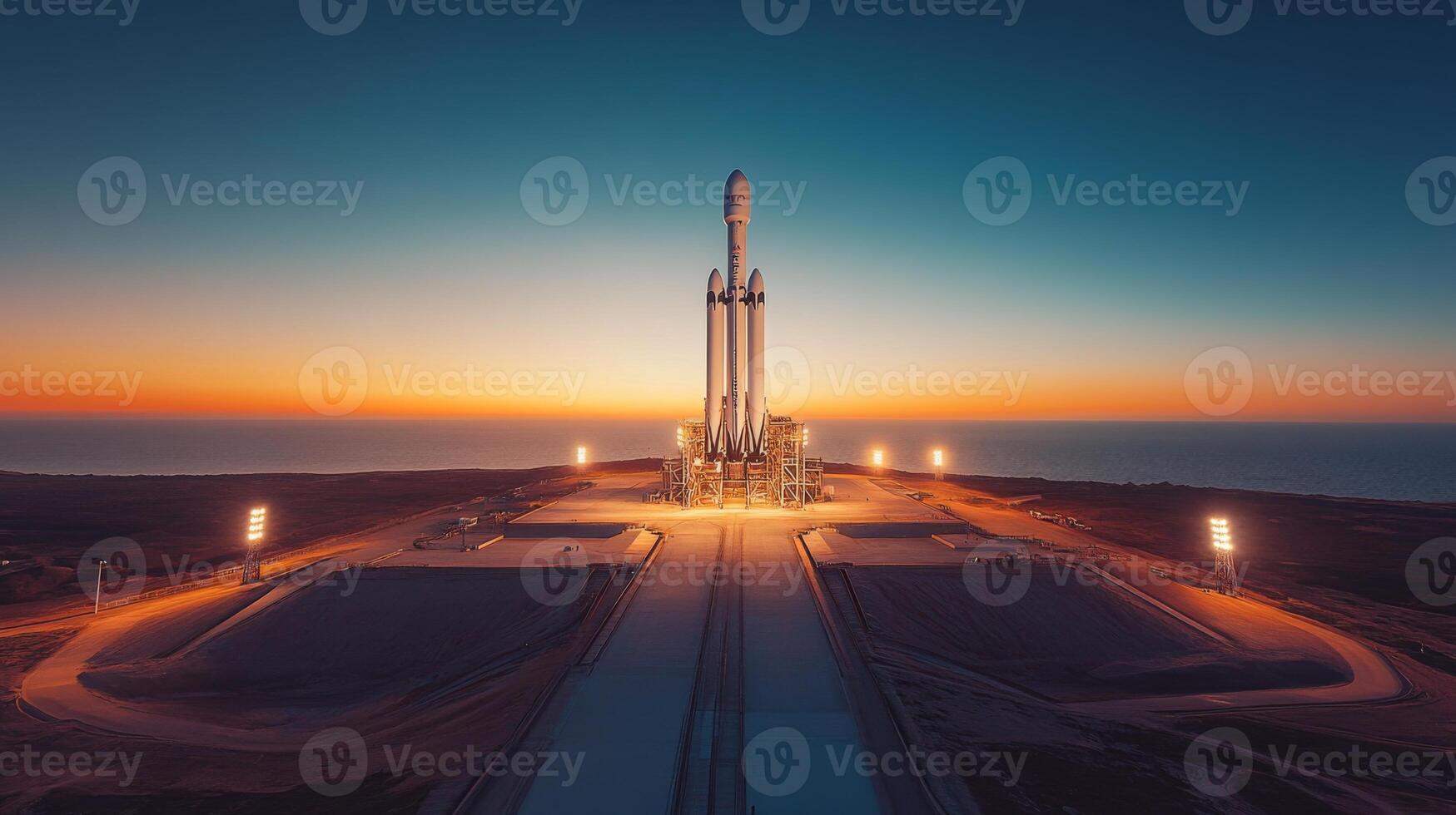 Rocket stands ready for launch as the sun rises, highlighting the preparations for a significant aerospace event and showcasing modern propulsion and recovery techniques. photo