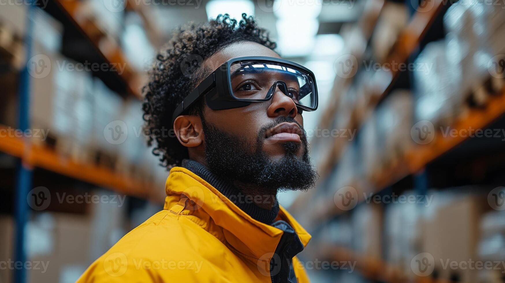A logistic worker assesses inventory in a spacious warehouse filled with neatly arranged storage boxes. The individual wears smart glasses, enhancing operational efficiency and tracking. photo