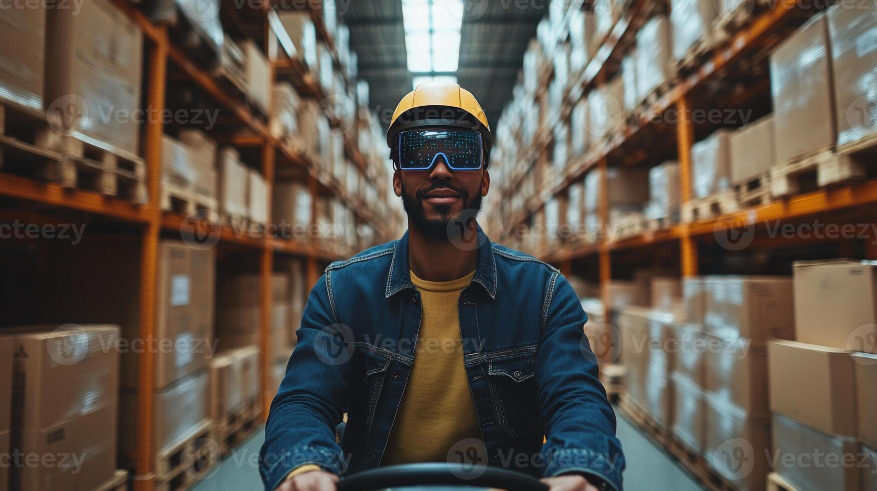 A worker drives a forklift through a well organized warehouse, surrounded by neatly stacked boxes on pallets. The environment is bright and bustling with activity. photo