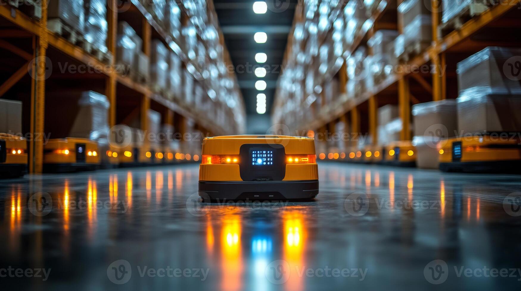 Robotic systems function efficiently in a warehouse, moving items across the facility to optimize storage and enhance order fulfillment during peak hours. photo