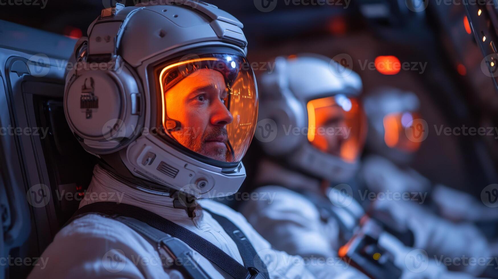Crew members are seated in a spacecraft, donning advanced space suits. The control panel displays various instruments, and ambient lighting enhances the tension of the reentry phase in the mission. photo