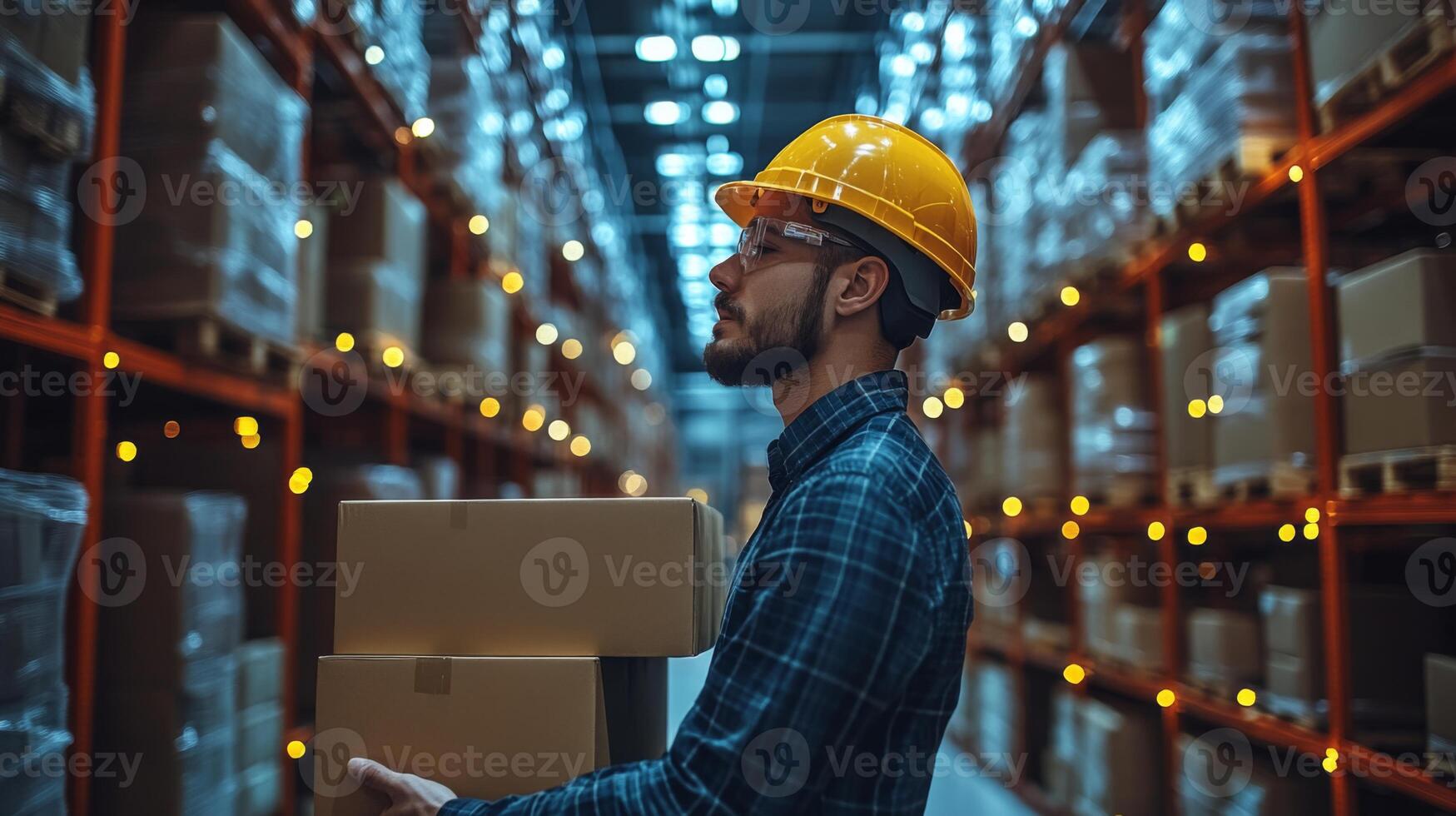 A warehouse worker in a hard hat carries cardboard boxes through aisles filled with stacked inventory. The warm lighting enhances the efficiency of logistics operations in the evening. photo
