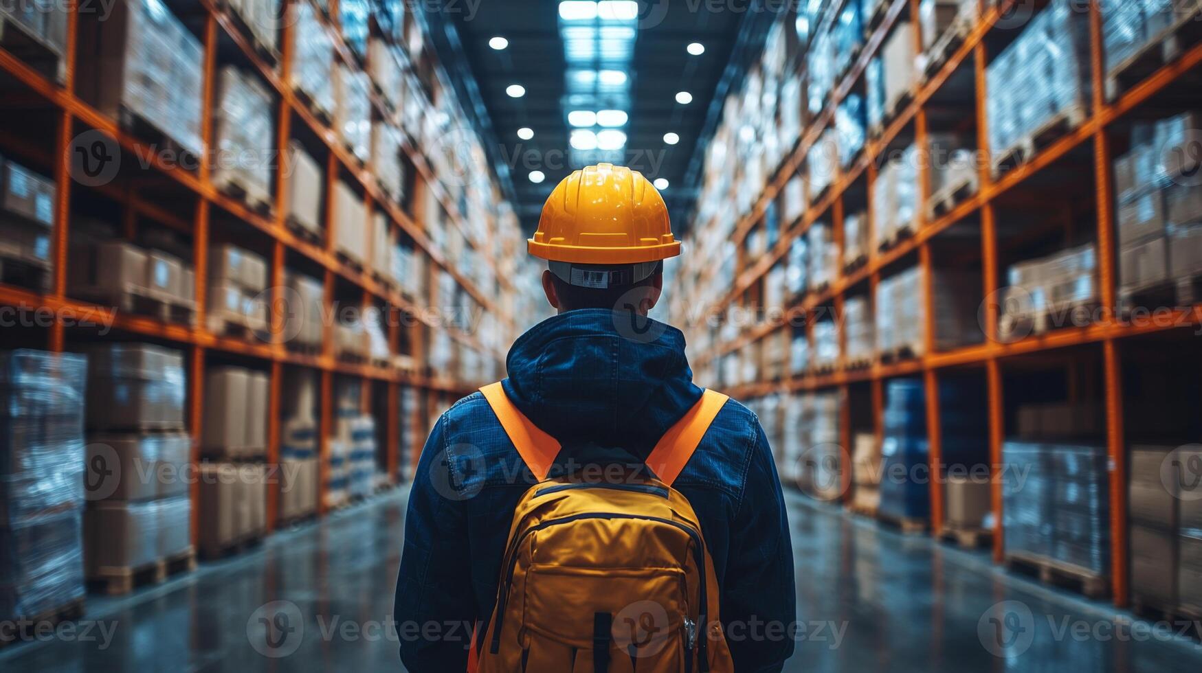 A warehouse worker wearing a hard hat and backpack surveys the well organized inventory in a logistics facility. Shelves are lined with boxes, reflecting efficient storage practices. photo