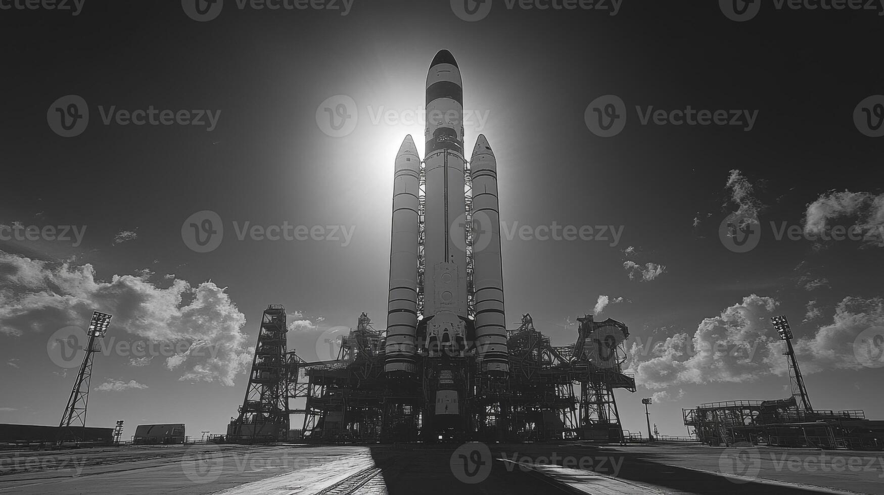 A rocket is positioned at the launch location, bathed in sunlight with clouds in the background, ready for an impending lift off into space and orbital missions. photo