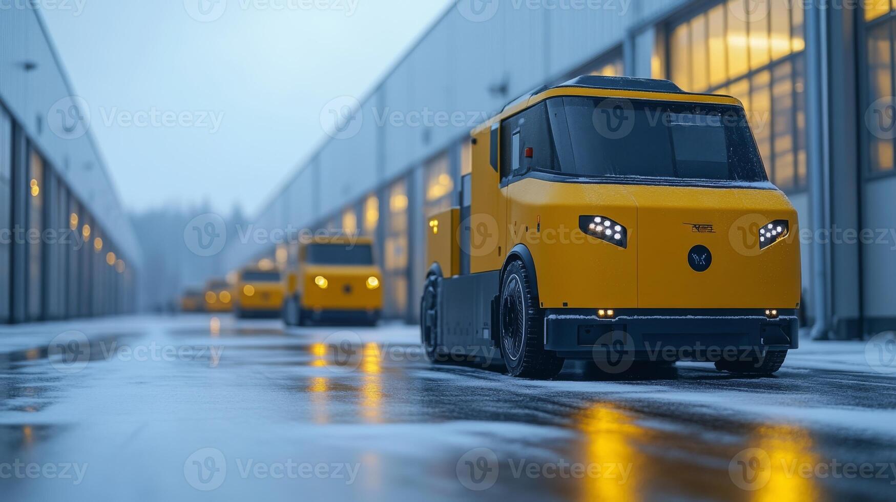 Autonomous vehicles are navigating a large warehouse in winter, enhancing efficiency in logistics and sorting operations while managing inventory and fulfillment tasks. photo