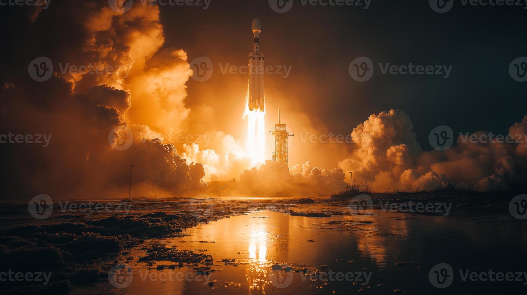 Bright flames erupt as the rocket lifts off into the night sky, propelled by powerful engines, surrounded by billowing clouds and reflected in the water below. photo