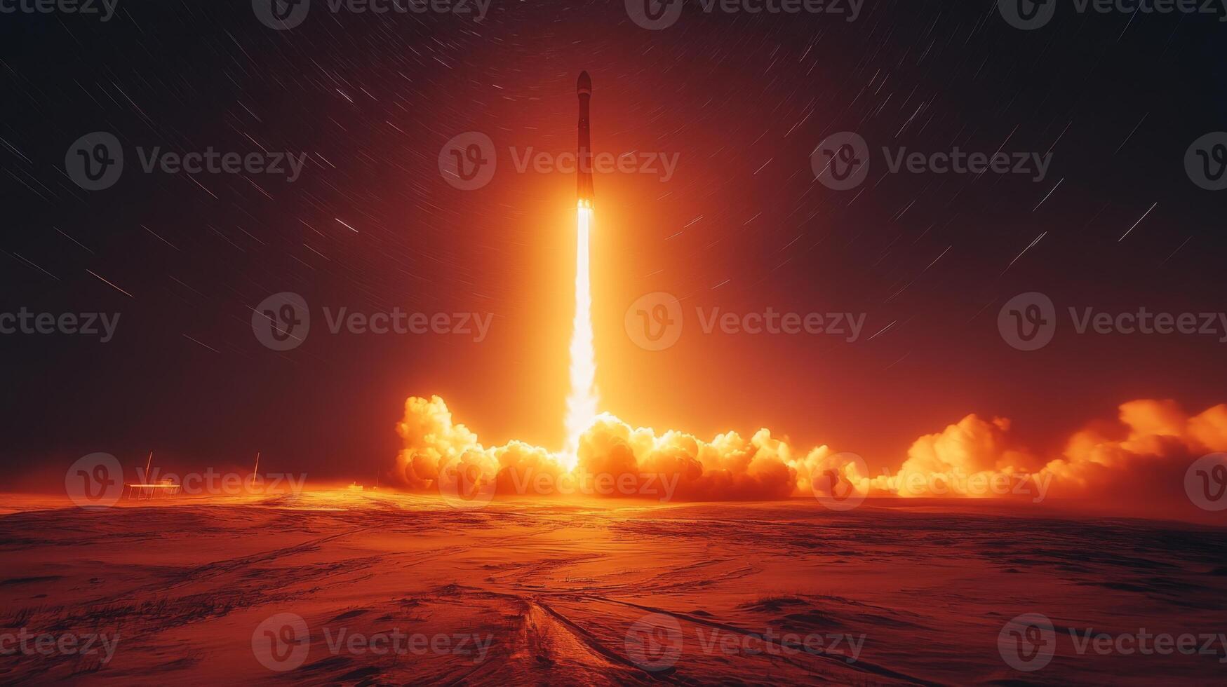 A powerful rocket launches into the early morning sky, surrounded by fiery exhaust and clouds, showcasing cutting edge propulsion technology in aerospace exploration. photo