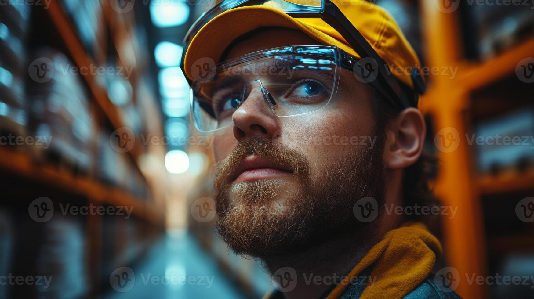 A warehouse worker wearing safety glasses and a bright cap looks attentively at the inventory. The bustling distribution center is filled with stacked storage shelves and organized stock. photo