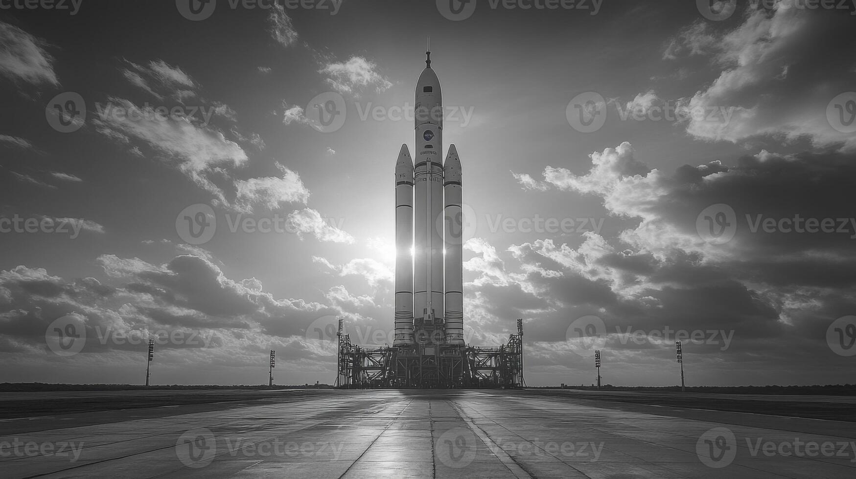 A colossal rocket awaits lift off on the launch pad as it prepares for a significant spaceflight. The sky is partly cloudy, adding drama to this pivotal moment in aerospace technology. photo