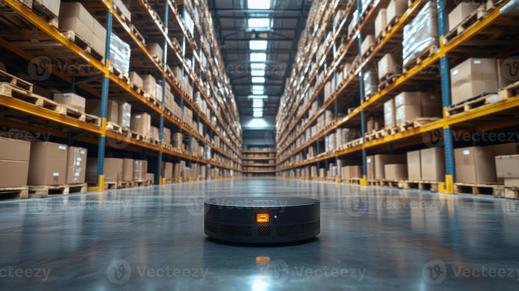 An automated robot is navigating through a spacious warehouse filled with neatly stacked boxes on pallets, efficiently handling logistics and inventory tasks. photo