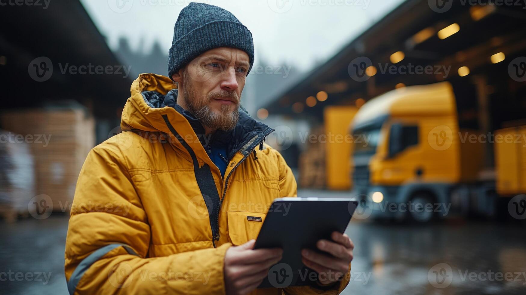 A logistics worker wearing a yellow jacket and gray beanie checks inventory using a tablet outside a large distribution warehouse on a rainy day, surrounded by freight trucks and pallets. photo