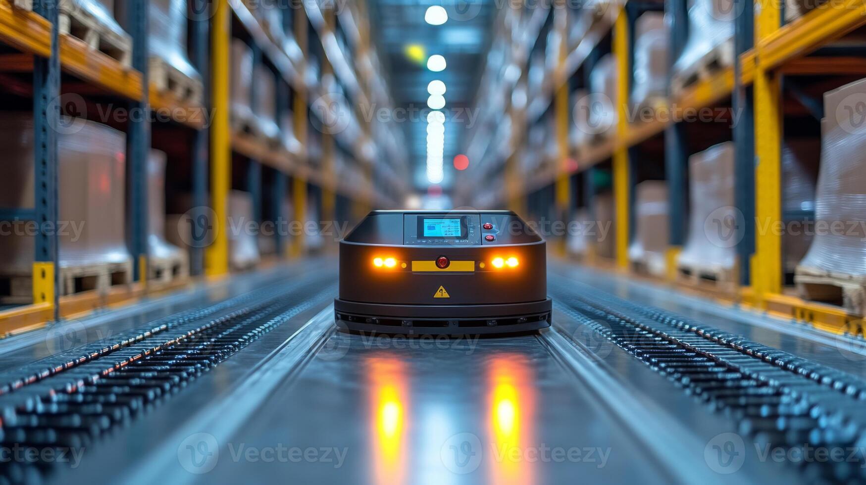 Automated vehicle moves along a track in a warehouse, sorting and transporting items to improve distribution performance and optimize storage space usage. photo
