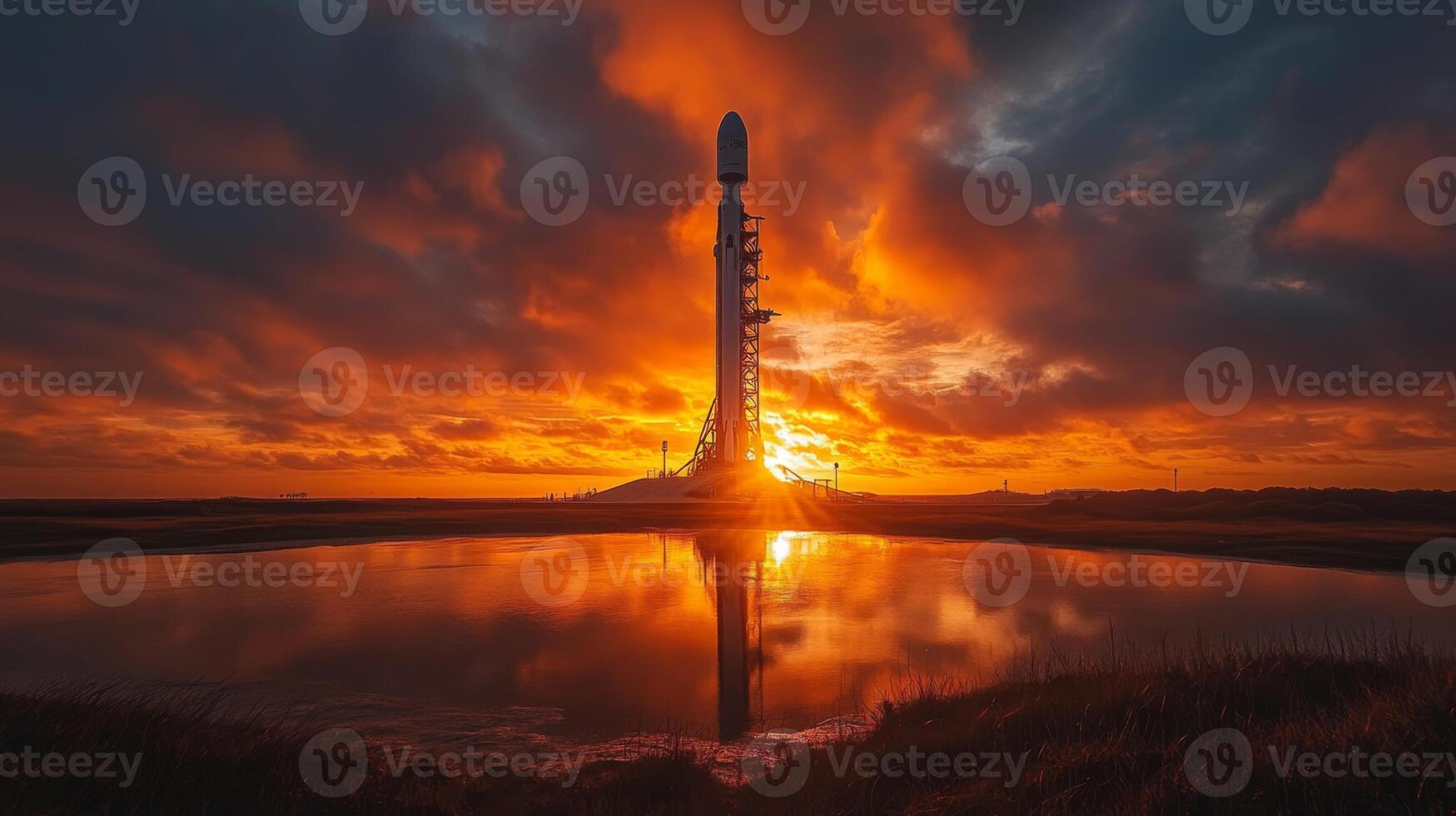 A rocket stands ready for launch at a coastal spaceport, silhouetted against a vibrant sunset with orange and purple hues, reflecting on the still water below and enhancing the scene. photo