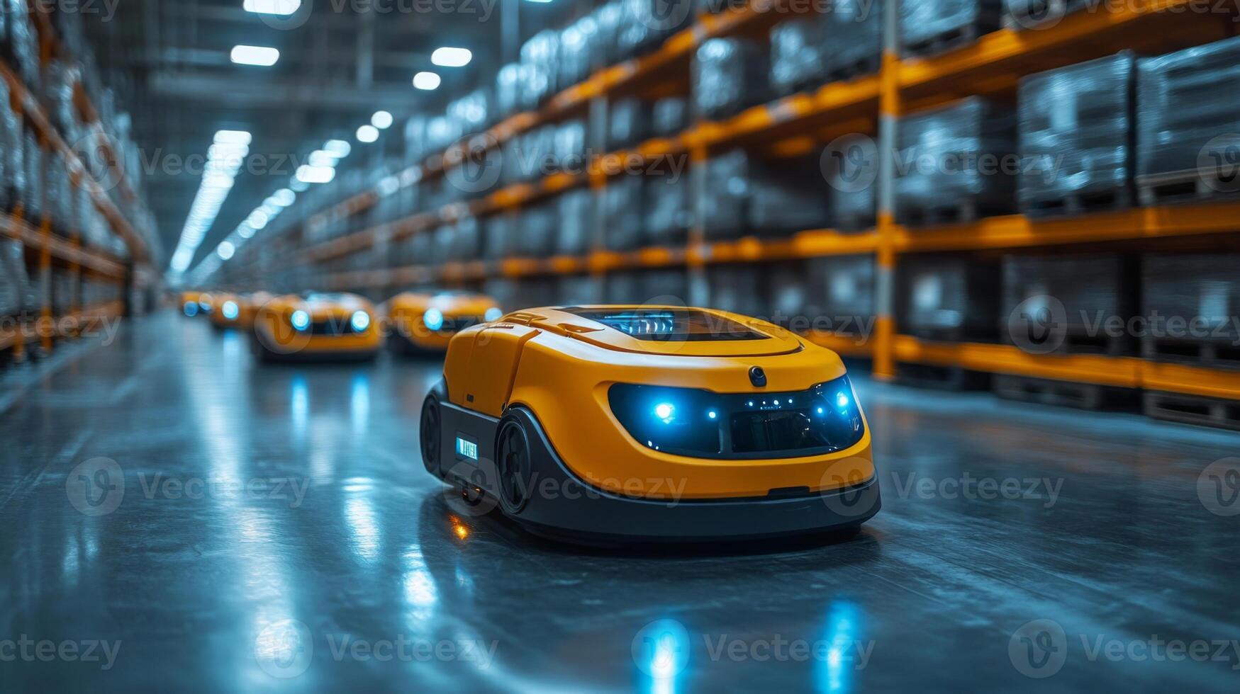 Automated robots move through a well organized warehouse filled with shelves of cargo, enhancing the efficiency of inventory management and distribution in real time. photo