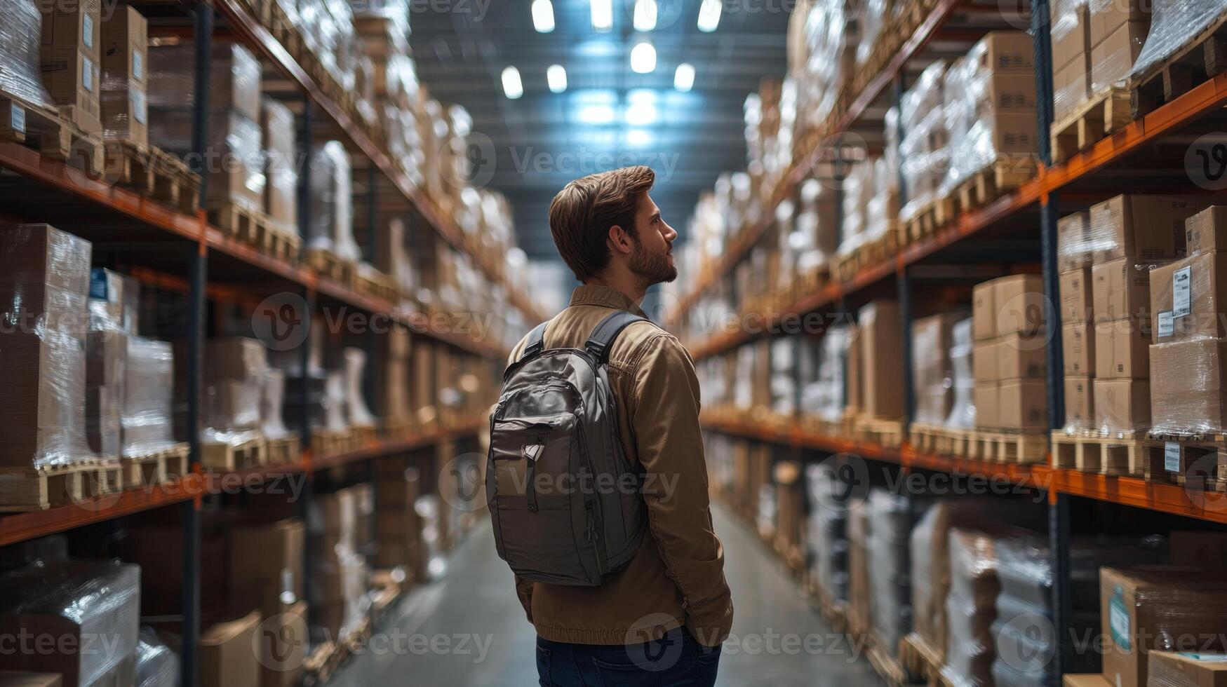 A person stands in a vast warehouse, surrounded by tall shelves filled with boxes and pallets, assessing the organized inventory and storage setup throughout the distribution center. photo