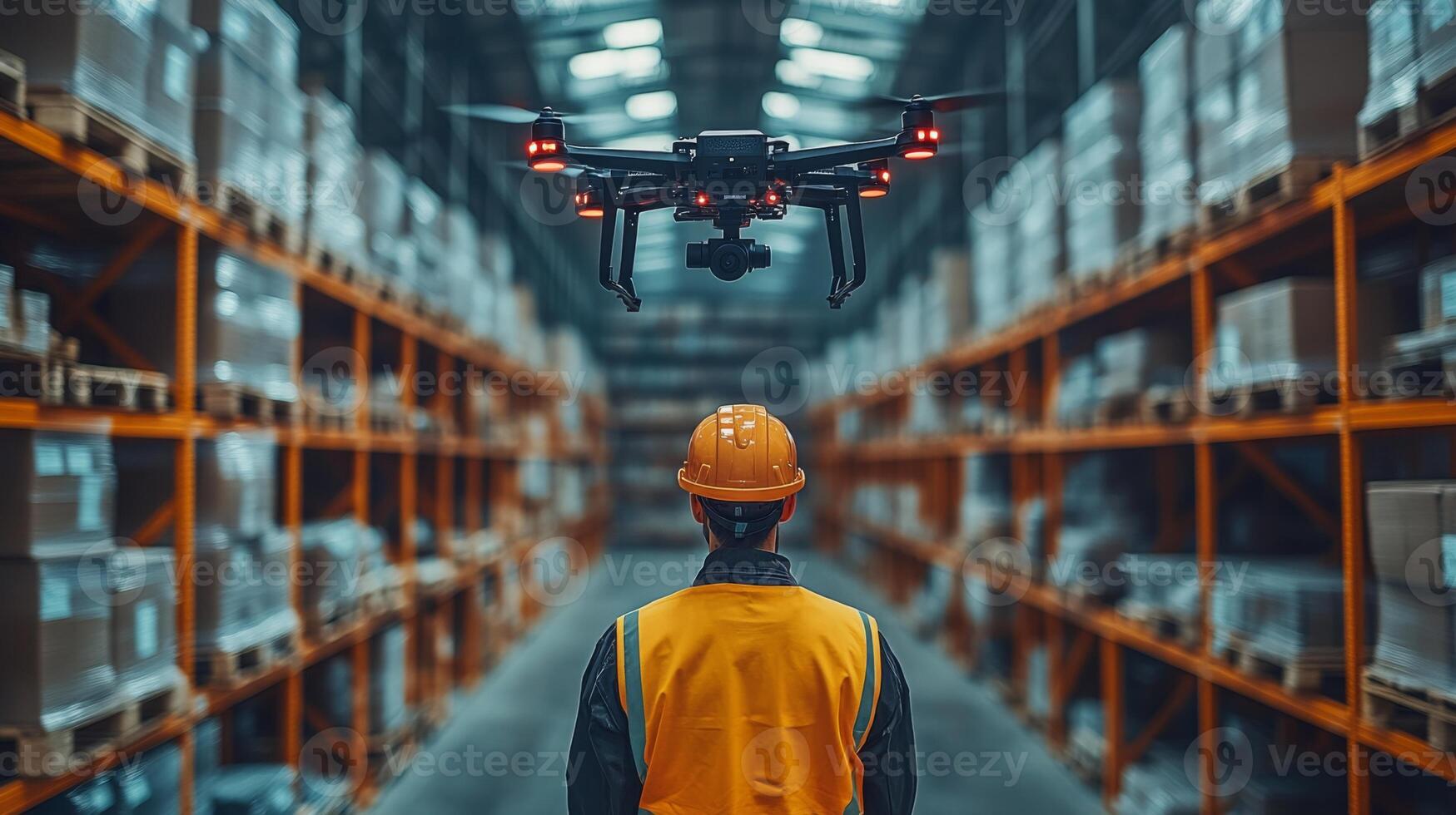 A worker in a safety helmet and vest supervises a drone navigating through a busy warehouse, ensuring efficient inventory management and logistics operations. photo