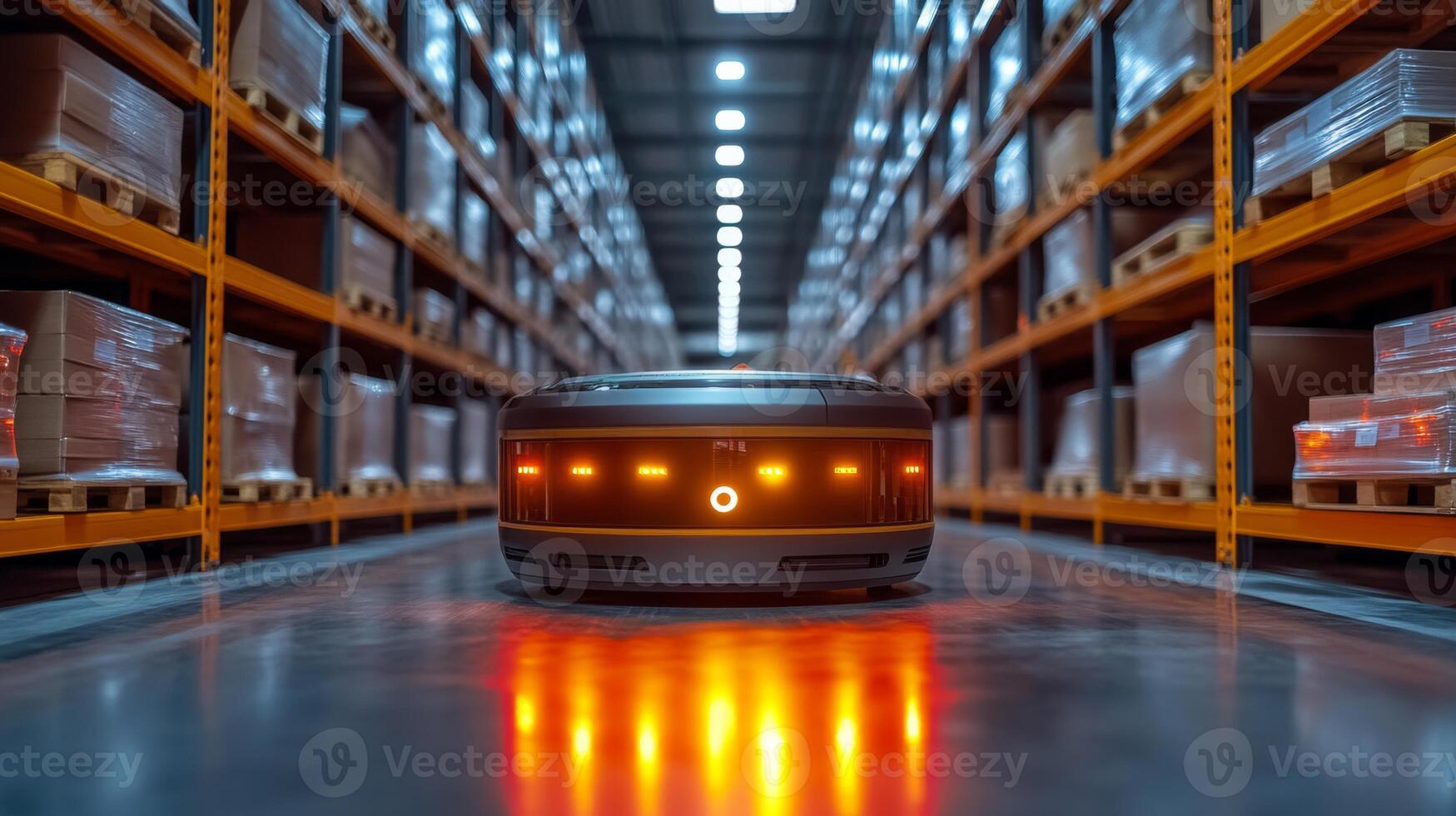 An automated robot moves along the aisle of a large warehouse, efficiently sorting and transporting inventory between shelves of stacked pallets in a bustling logistics hub. photo