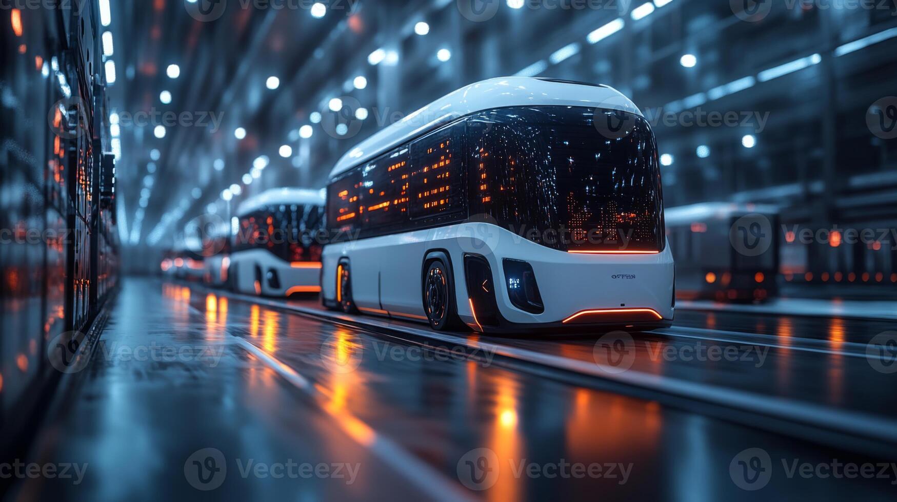 Autonomous vehicles transport goods within a modern logistics warehouse, showcasing efficient inventory management and advanced technology during nighttime operations. photo