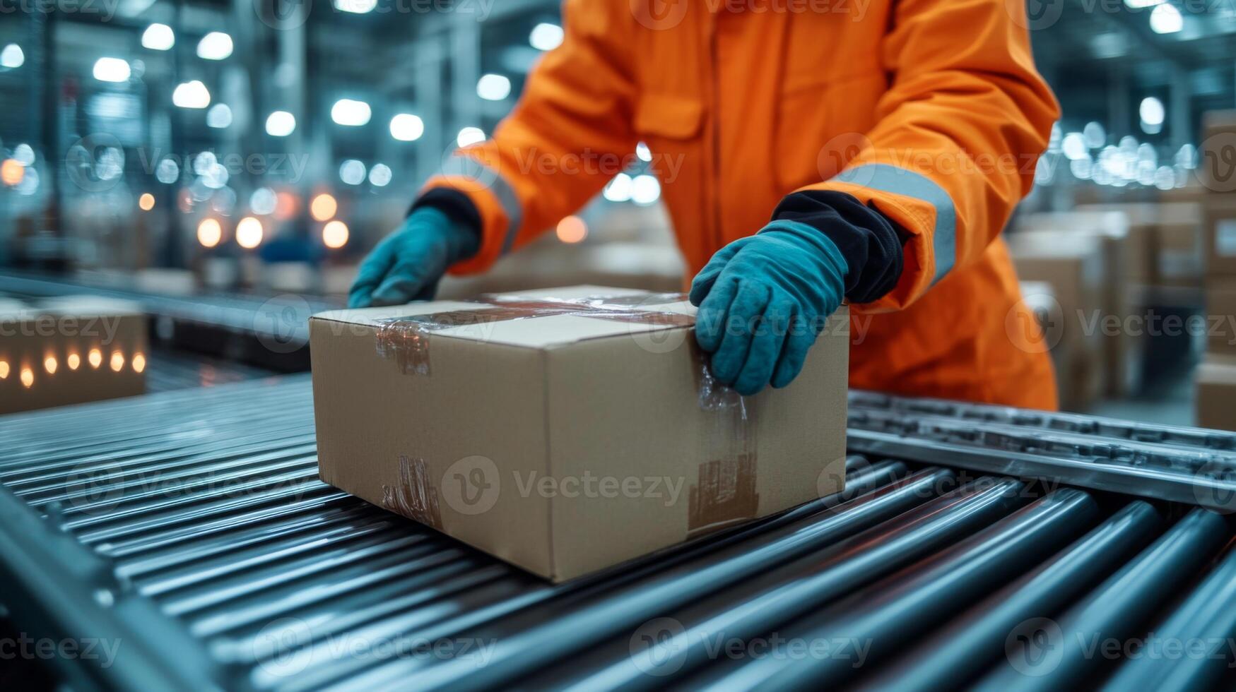 A worker in an orange jacket, carefully places a sealed box onto a conveyor belt for efficient processing in a busy logistics facility during operational hours. photo