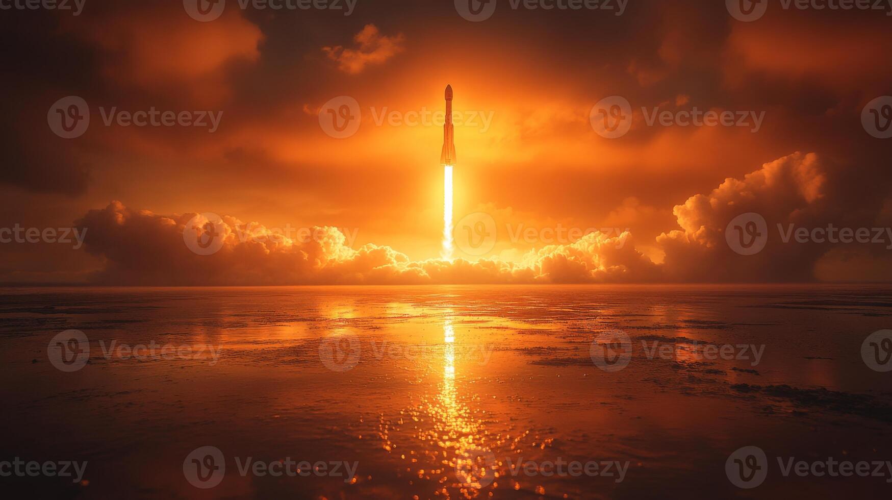 A massive rocket ascends into the sky during dawn, its powerful engines igniting and casting a vivid glow, while the calm waters below mirror the stunning colors of the launch. photo