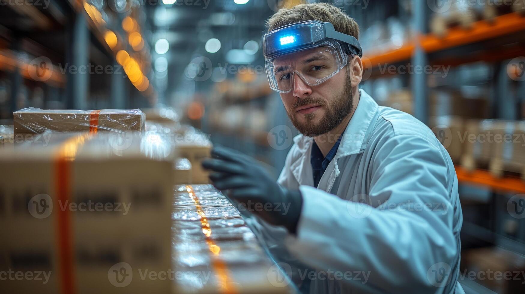 A warehouse worker in protective gear focuses on sorting packages for timely fulfillment while ensuring inventory is organized in a busy distribution center. photo