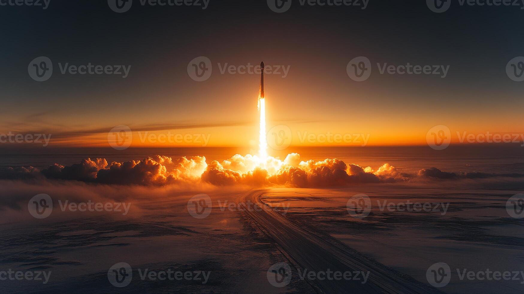 Rocket lifts off against a backdrop of clouds and an orange sky, displaying the incredible force of propulsion as it begins its journey into space during early morning light. photo