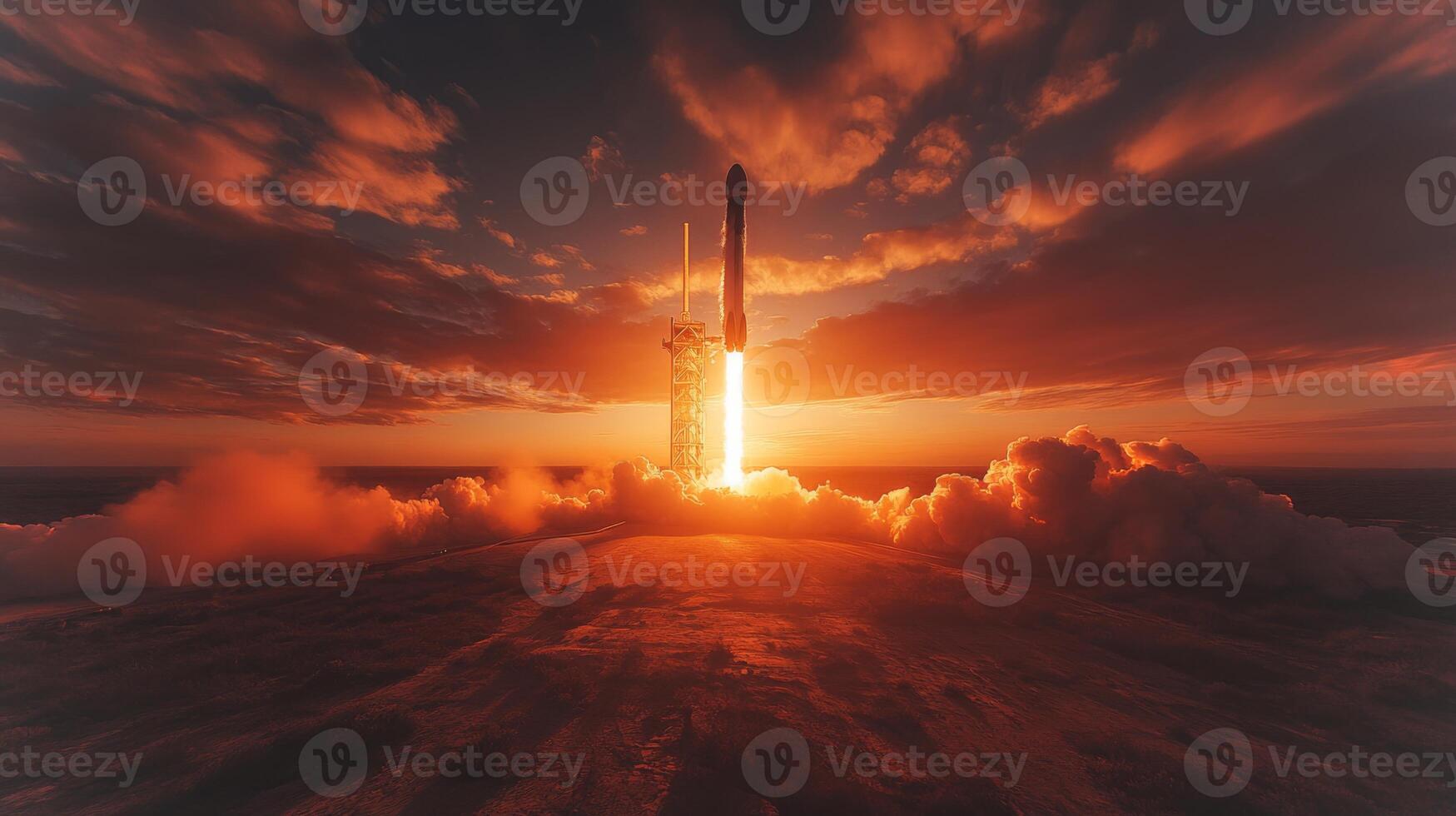 Rocket ignites as it ascends into the sky during a stunning sunset. Dramatic clouds surround the launch site, highlighting the power of modern aerospace technology. photo