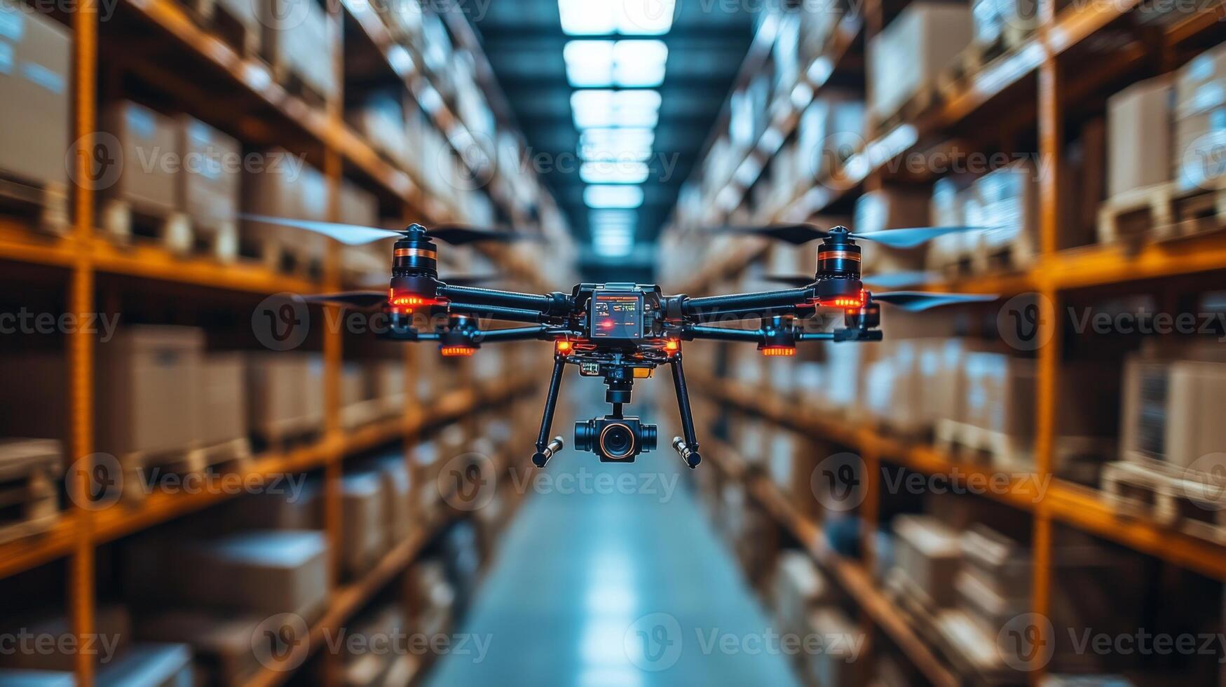 A drone is actively scanning and managing inventory amidst rows of stacked boxes in a busy logistics warehouse, showcasing modern distribution practices. photo