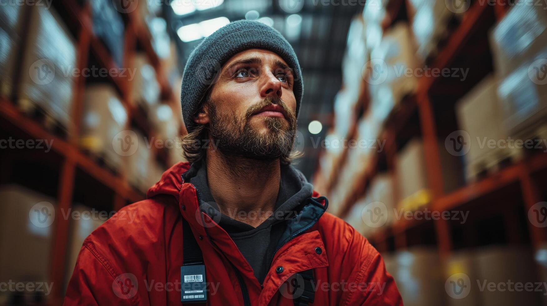A logistics professional in a red jacket and beanie surveys storage shelves filled with boxes, ensuring efficient inventory management in a bustling warehouse environment. photo