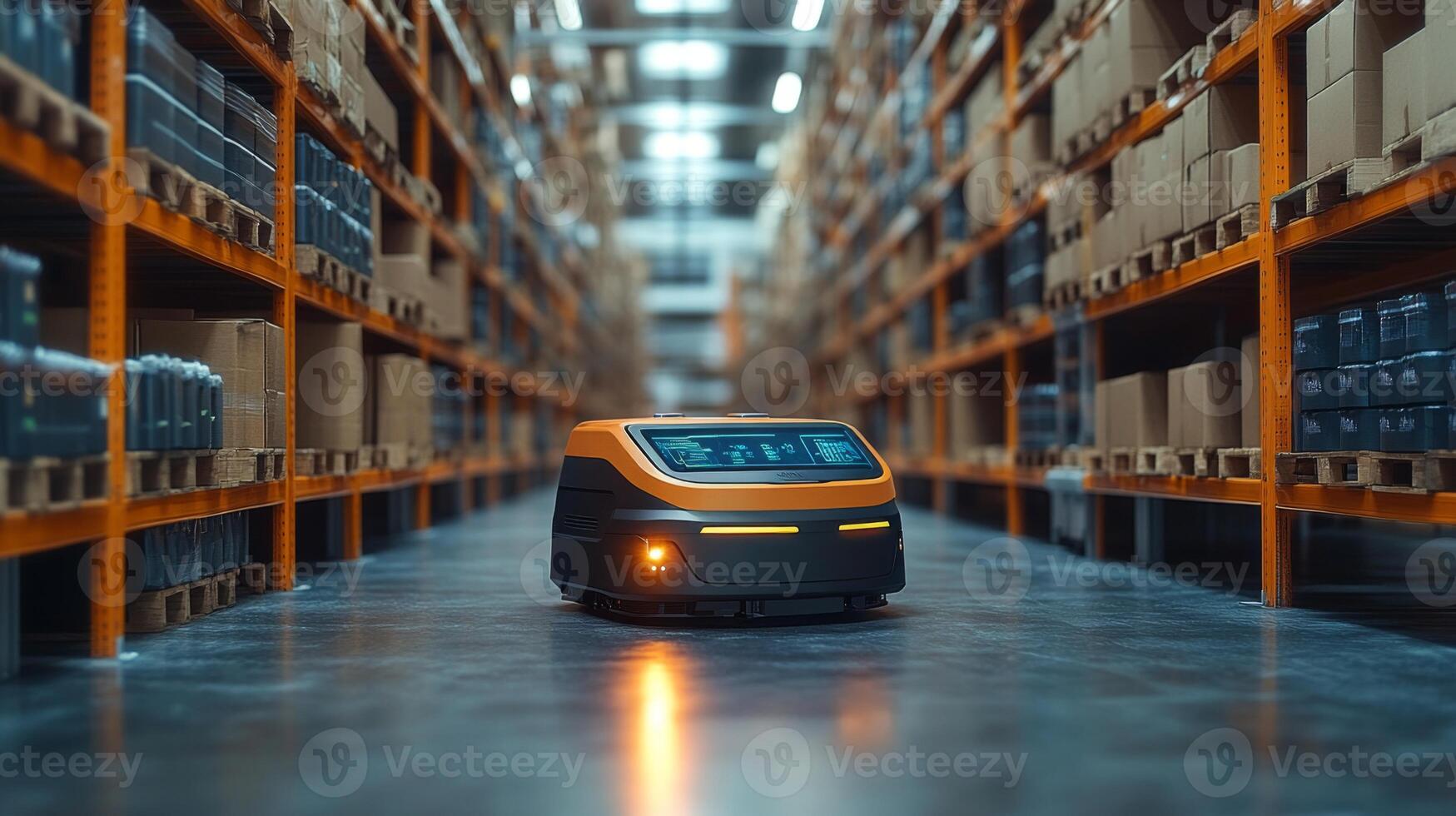 An automated robot moves through a large warehouse filled with organized shelves of products. It performs sorting and inventory tasks in a streamlined environment focused on logistics. photo