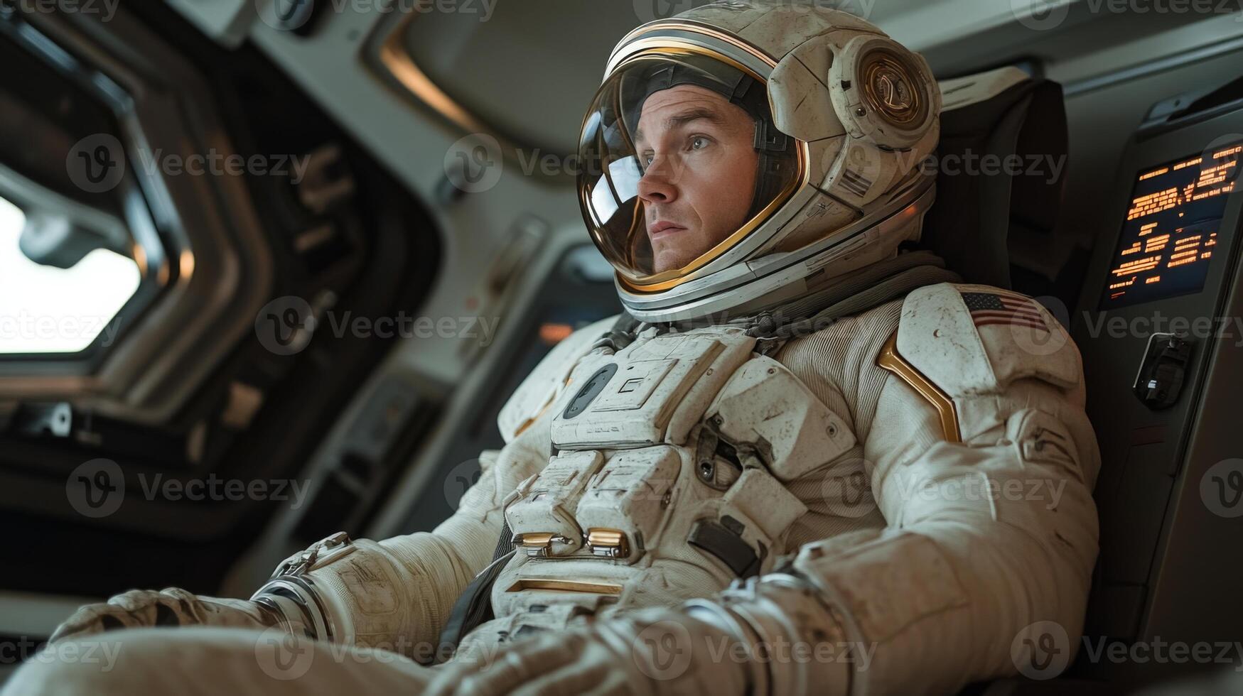 An astronaut sits in a high tech spacecraft, fully suited, focusing intently as preparations for a spaceflight are underway and systems are being checked for a successful launch. photo