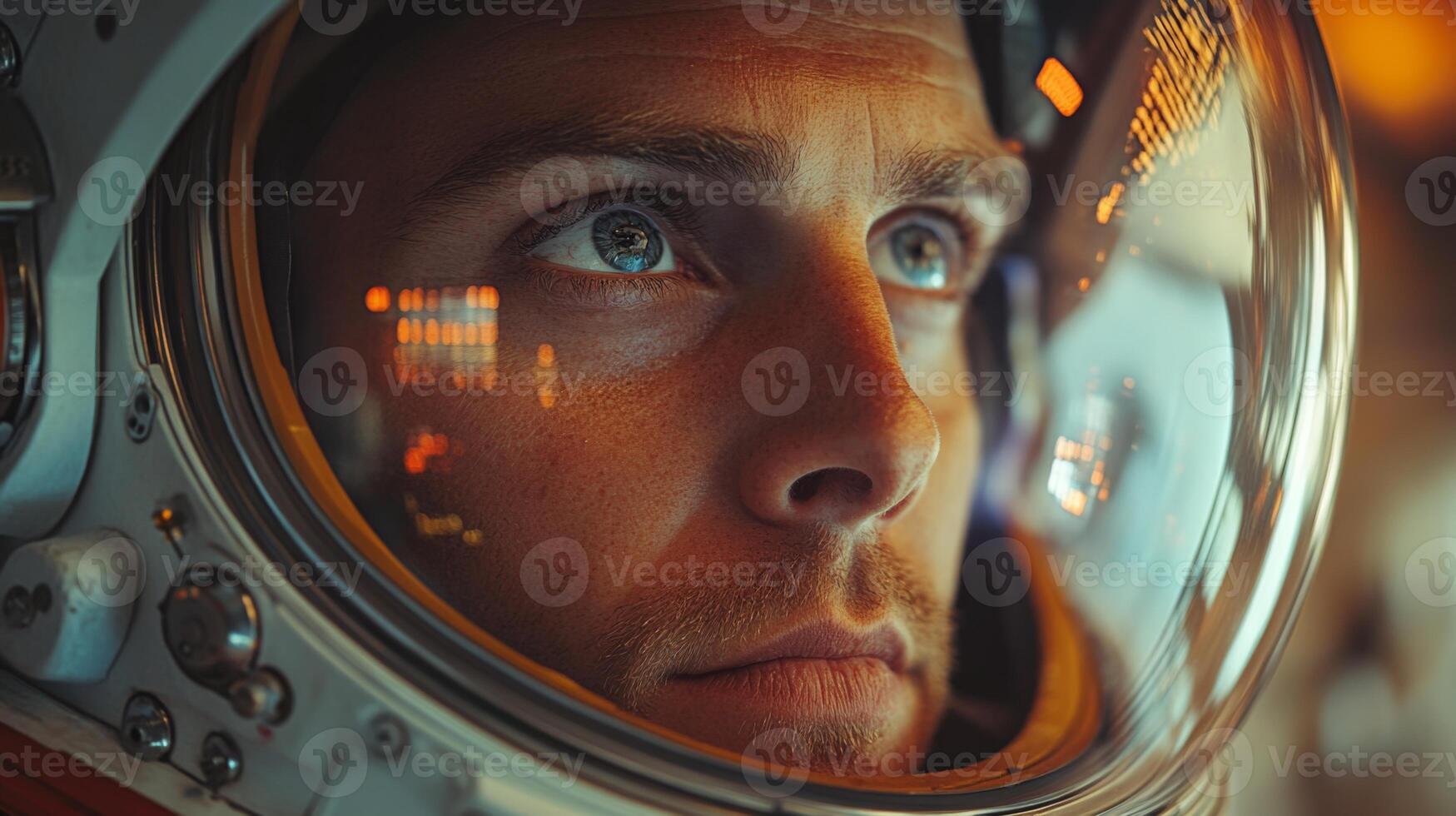 An astronaut gazes intently inside their helmet, reflecting on the mission ahead, embodying the spirit of exploration and the challenges of space travel. photo
