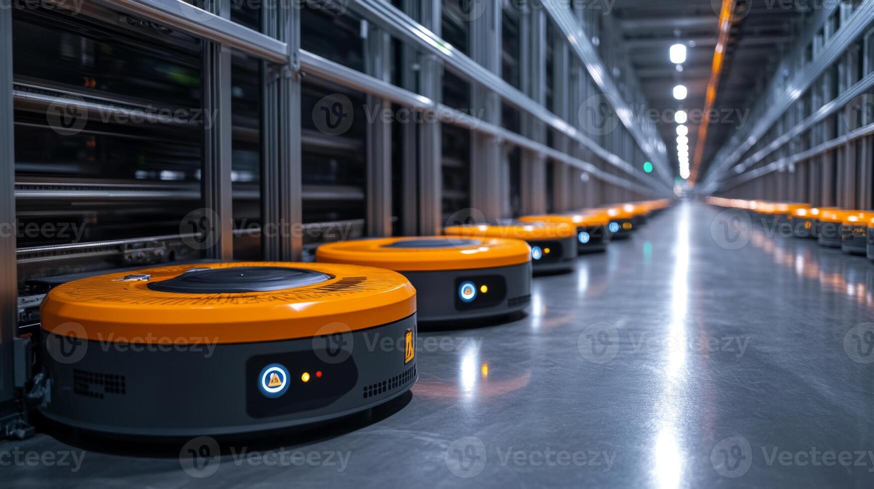 Advanced automated robots move along the warehouse aisles, efficiently sorting and organizing inventory for quick and precise order fulfillment in a high tech logistics facility. photo