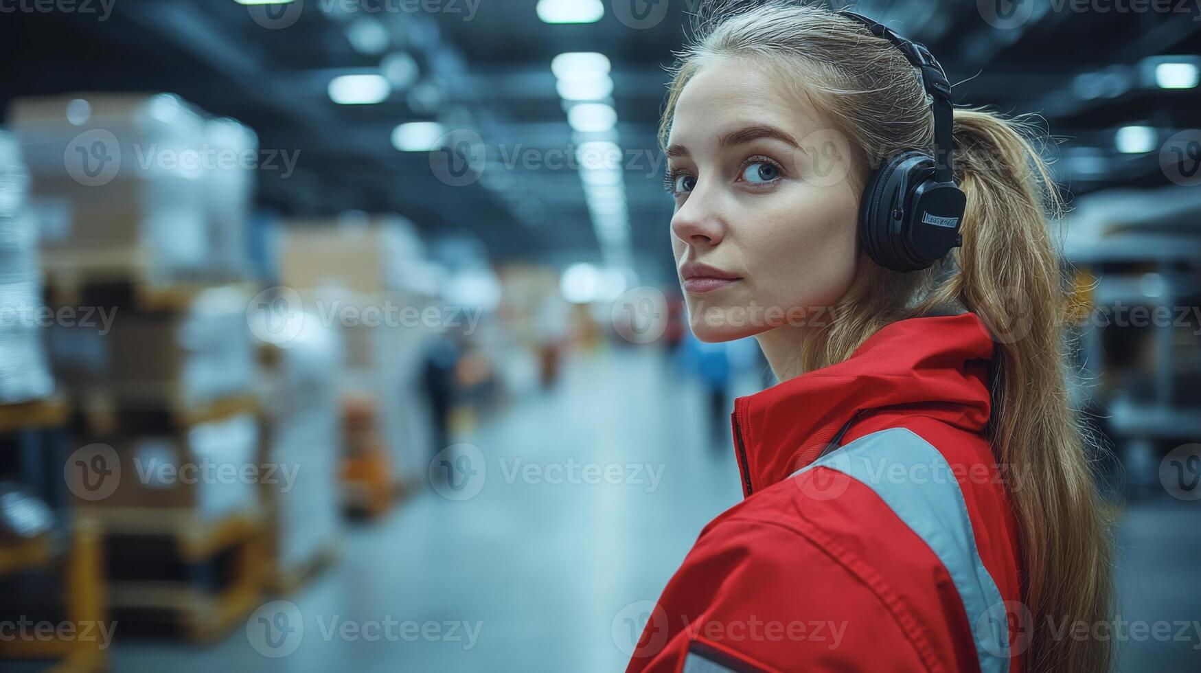 A female worker, dressed in a red jacket, is attentively checking inventory in a large warehouse filled with cargo. She wears headphones as she engages in her duties. photo