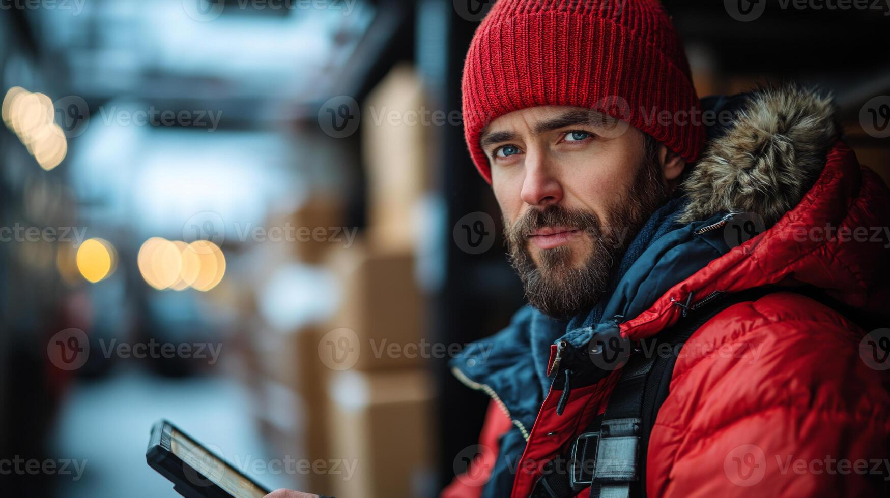 Worker in red winter attire checks inventory details using a mobile device in a bustling warehouse environment filled with stacked boxes and logistics activities. photo