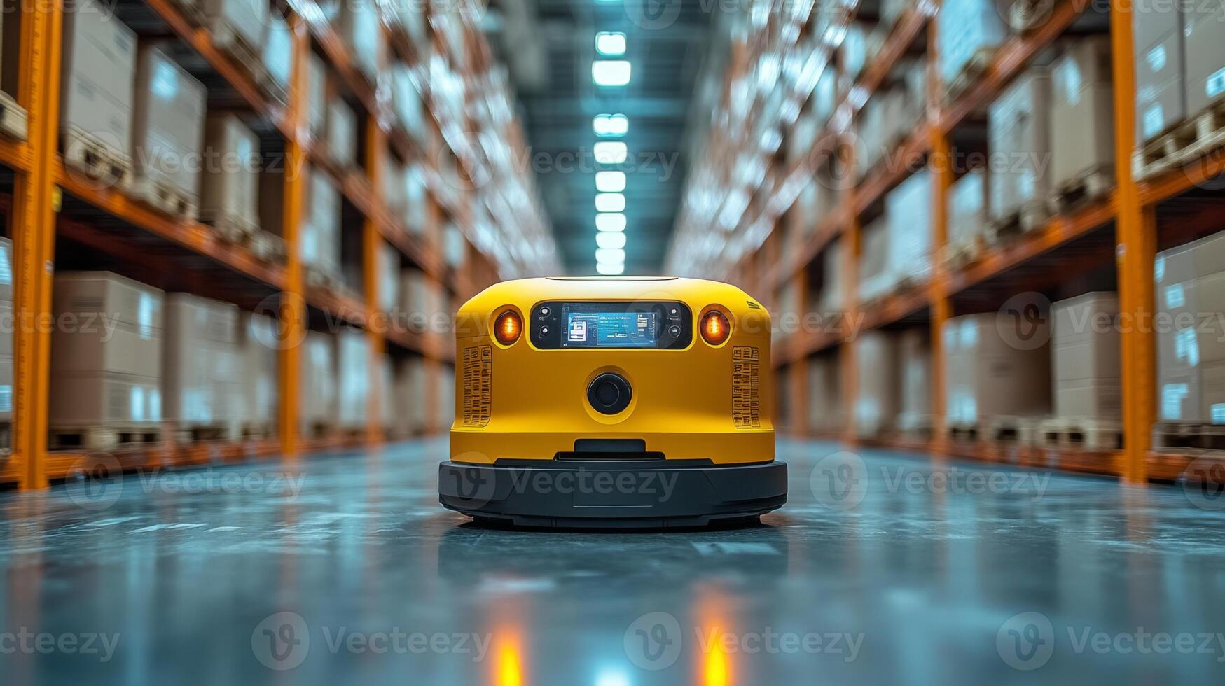 A robotic device navigates through an expansive warehouse filled with shelves of neatly stacked boxes, optimizing sorting and fulfillment processes. photo